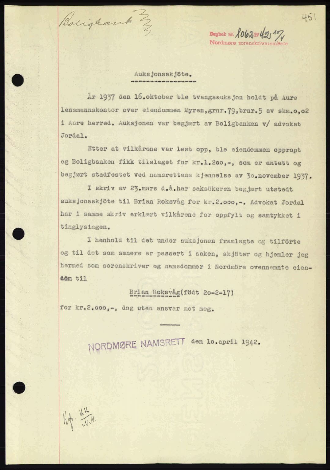 Nordmøre sorenskriveri, AV/SAT-A-4132/1/2/2Ca: Pantebok nr. A92, 1942-1942, Dagboknr: 1062/1942