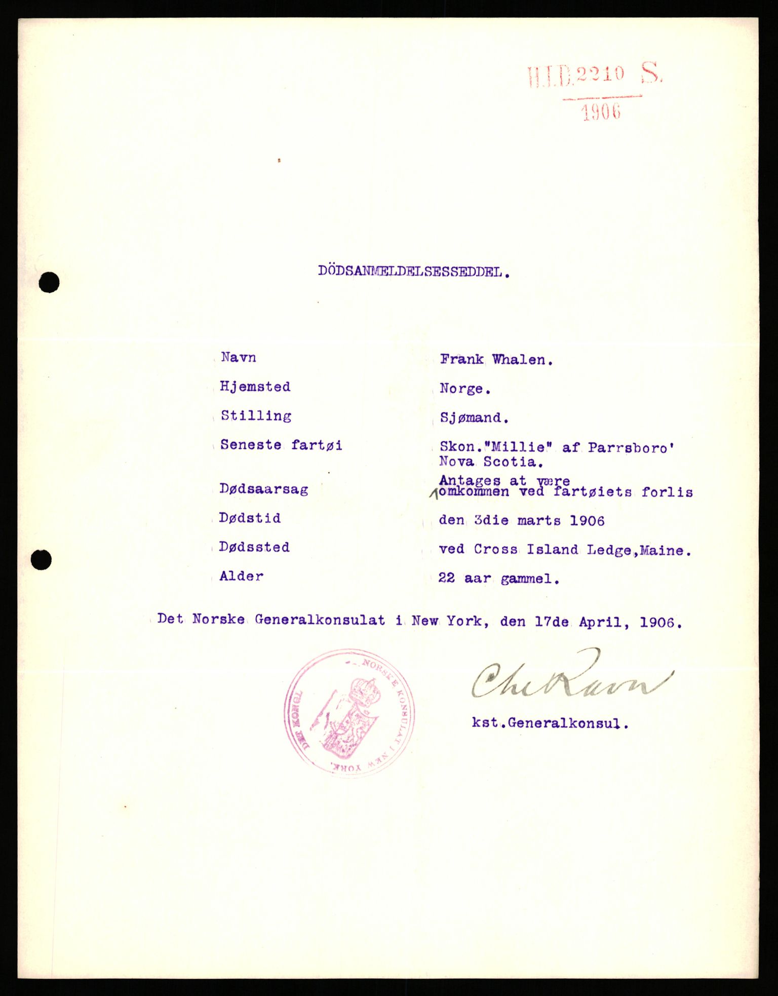 Handelsdepartementet, Sjøfartsavdelingen, 1. sjømannskontor, AV/RA-S-1405/D/Dm/L0010: Forliste skip Lar - Min, 1906-1920, s. 824