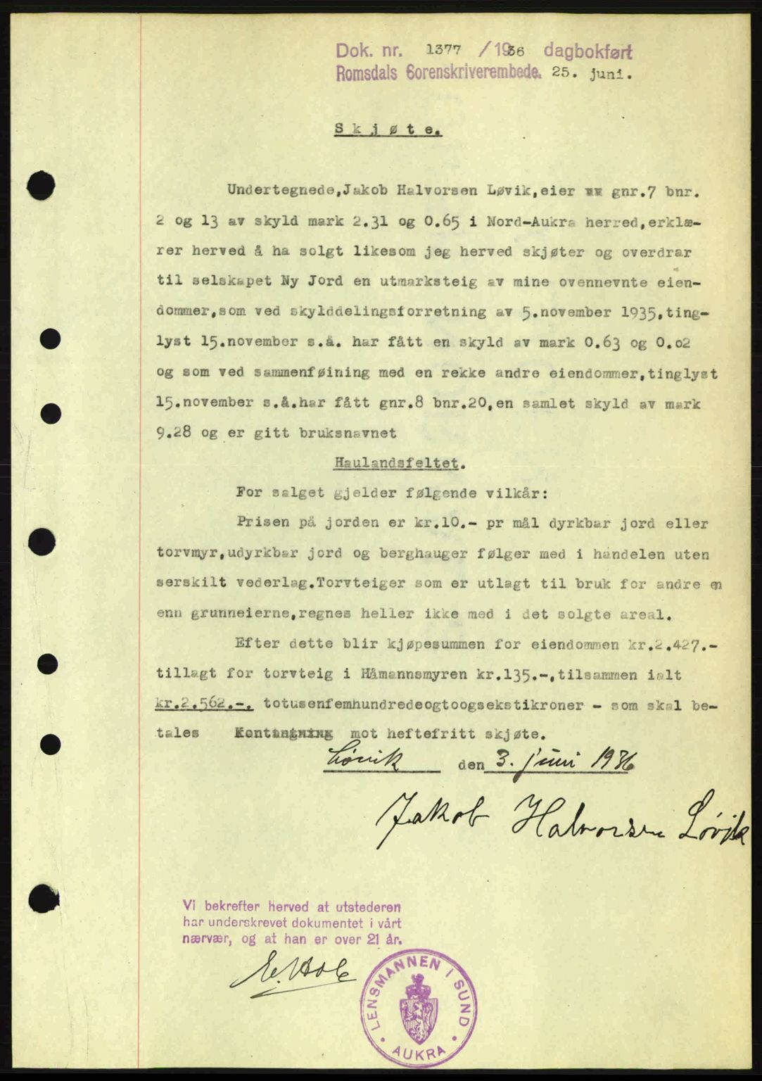 Romsdal sorenskriveri, SAT/A-4149/1/2/2C: Pantebok nr. A1, 1936-1936, Dagboknr: 1377/1936