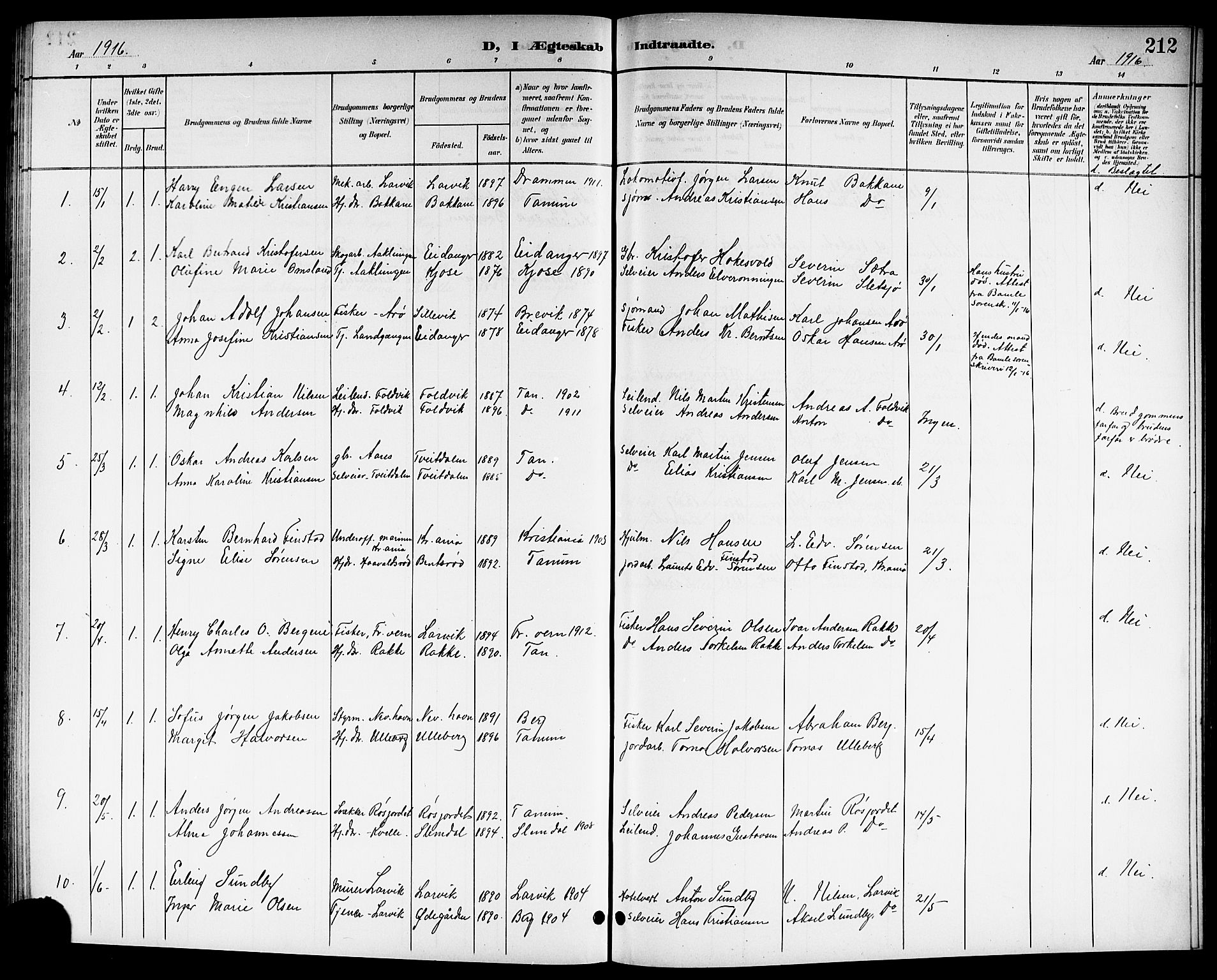 Brunlanes kirkebøker, AV/SAKO-A-342/G/Ga/L0004: Klokkerbok nr. I 4, 1898-1921, s. 212