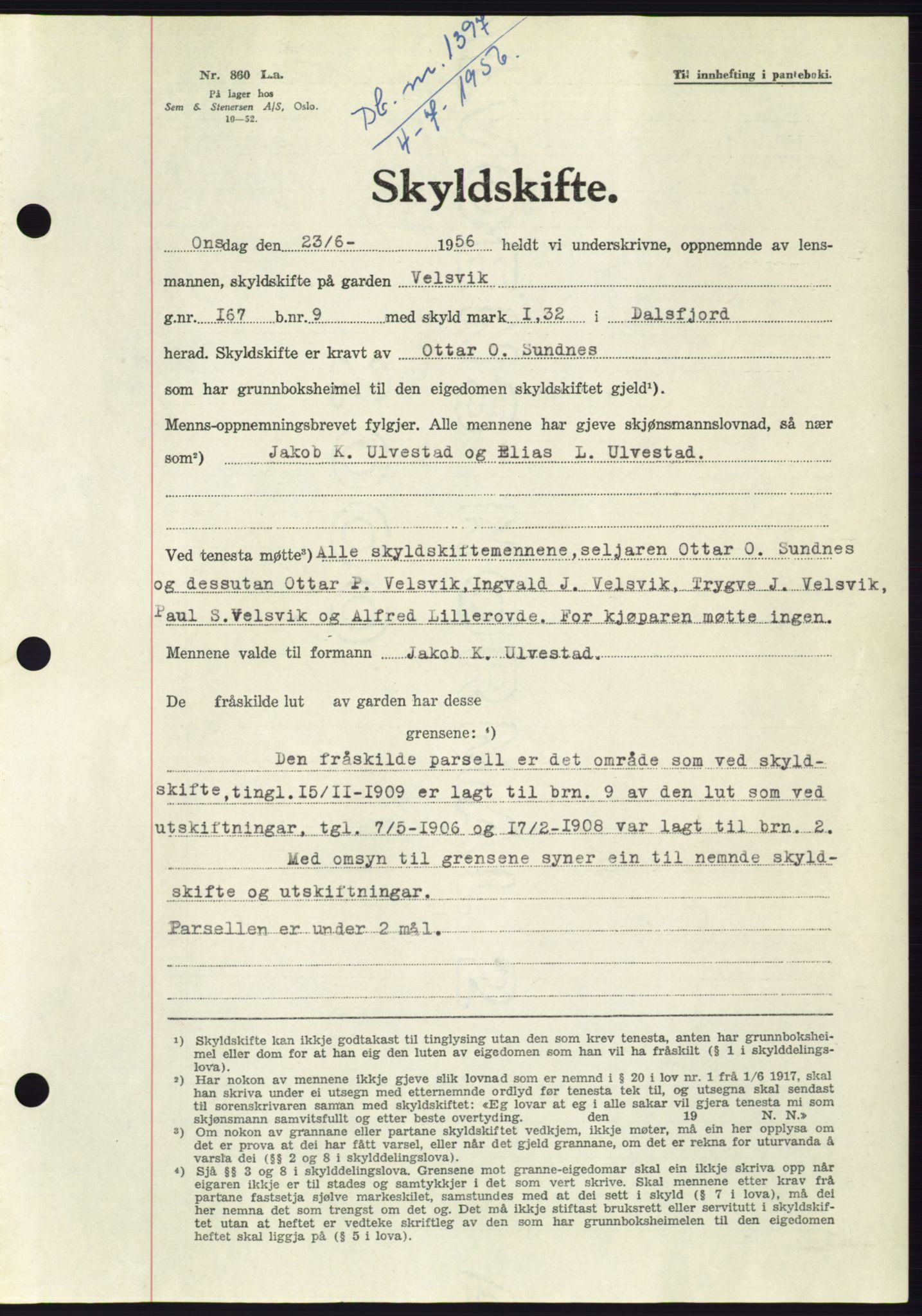 Søre Sunnmøre sorenskriveri, AV/SAT-A-4122/1/2/2C/L0104: Pantebok nr. 30A, 1956-1956, Dagboknr: 1397/1956