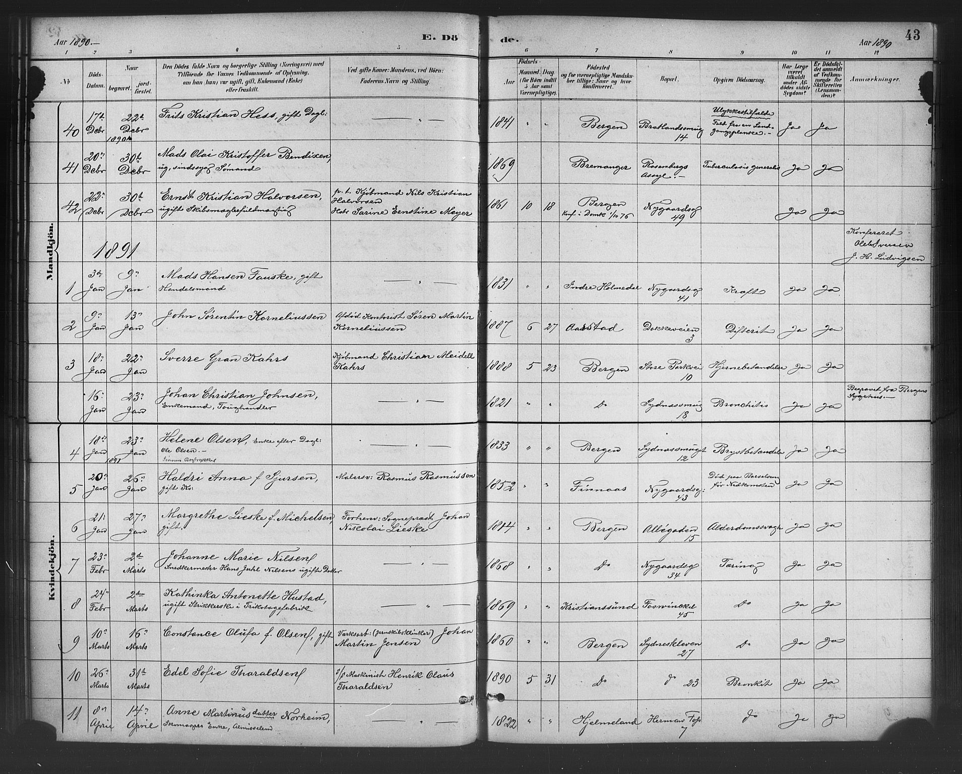 Johanneskirken sokneprestembete, AV/SAB-A-76001/H/Hab: Klokkerbok nr. D 1, 1885-1915, s. 43