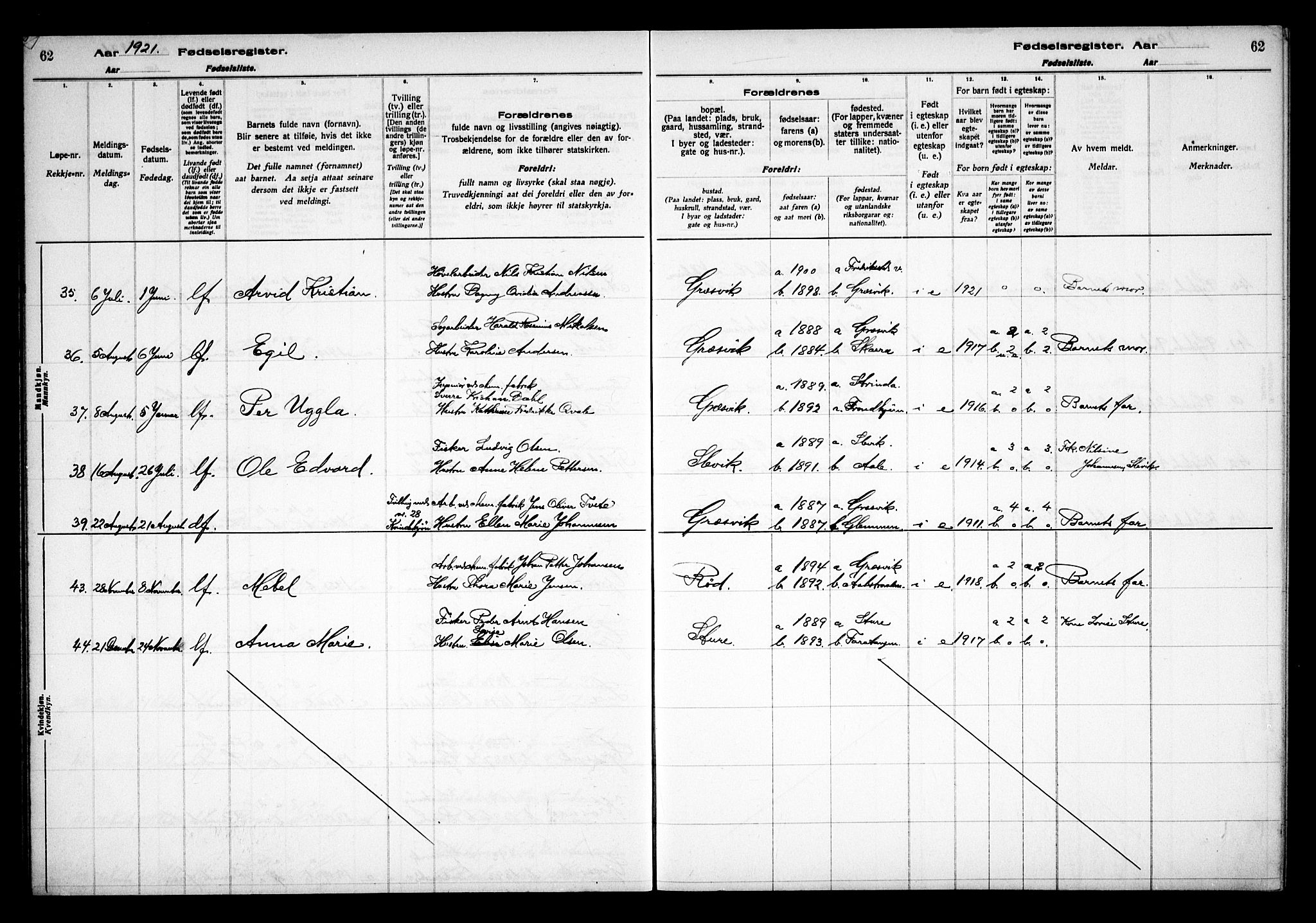 Onsøy prestekontor Kirkebøker, AV/SAO-A-10914/J/Jb/L0001: Fødselsregister nr. II 1, 1916-1938, s. 62