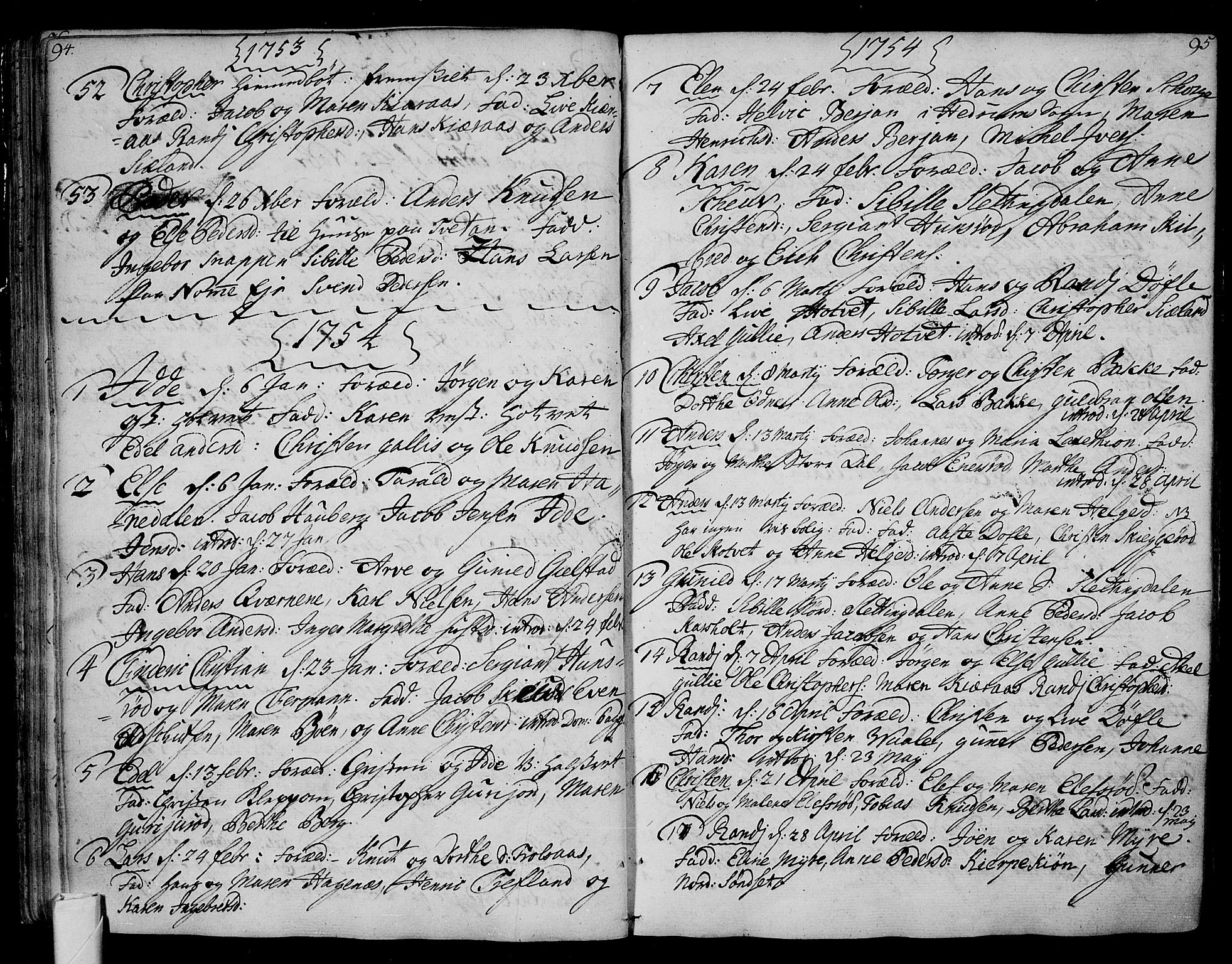 Andebu kirkebøker, AV/SAKO-A-336/F/Fa/L0002: Ministerialbok nr. I 2, 1733-1802, s. 94-95
