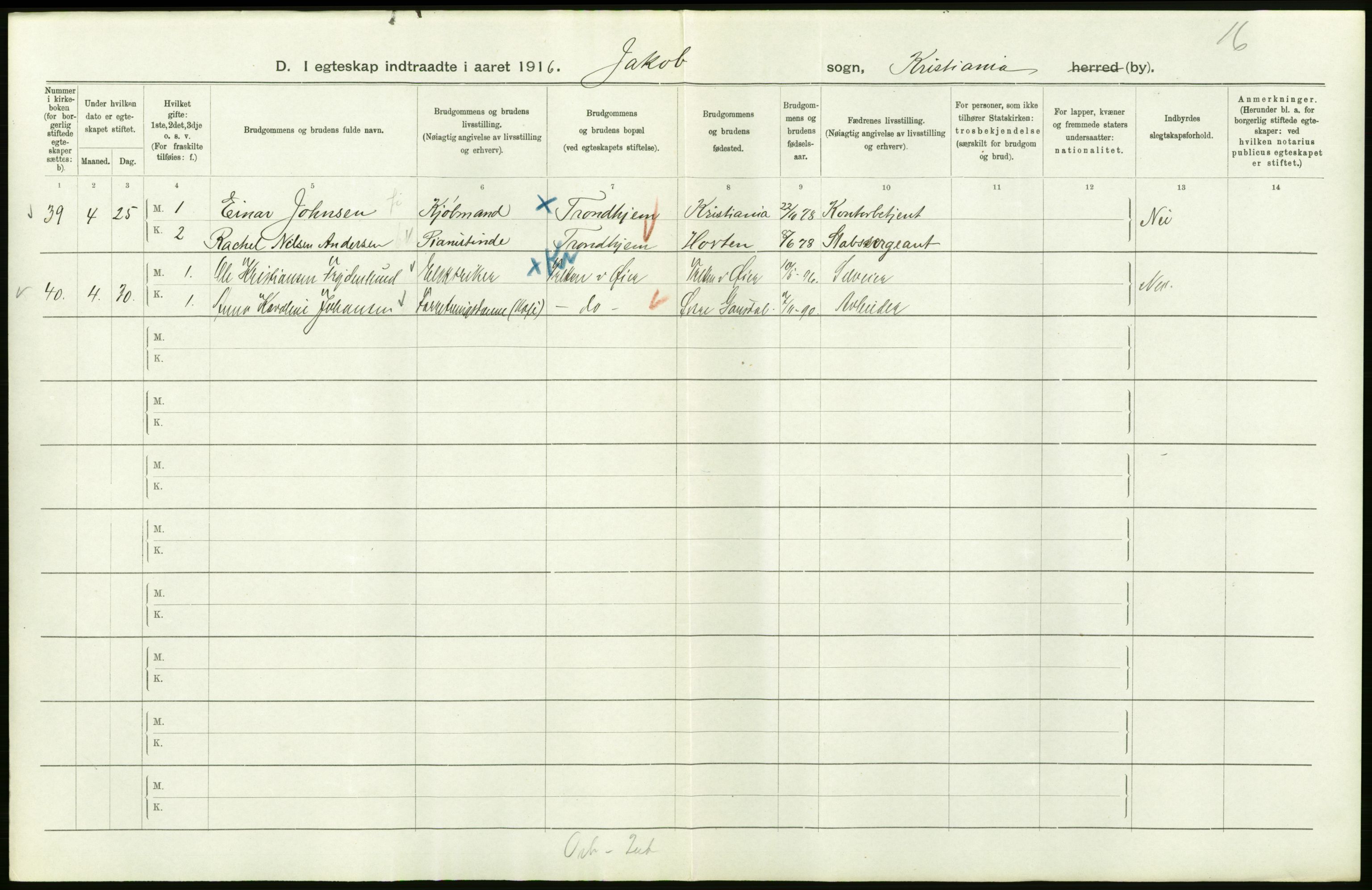 Statistisk sentralbyrå, Sosiodemografiske emner, Befolkning, RA/S-2228/D/Df/Dfb/Dfbf/L0008: Kristiania: Gifte, 1916, s. 620