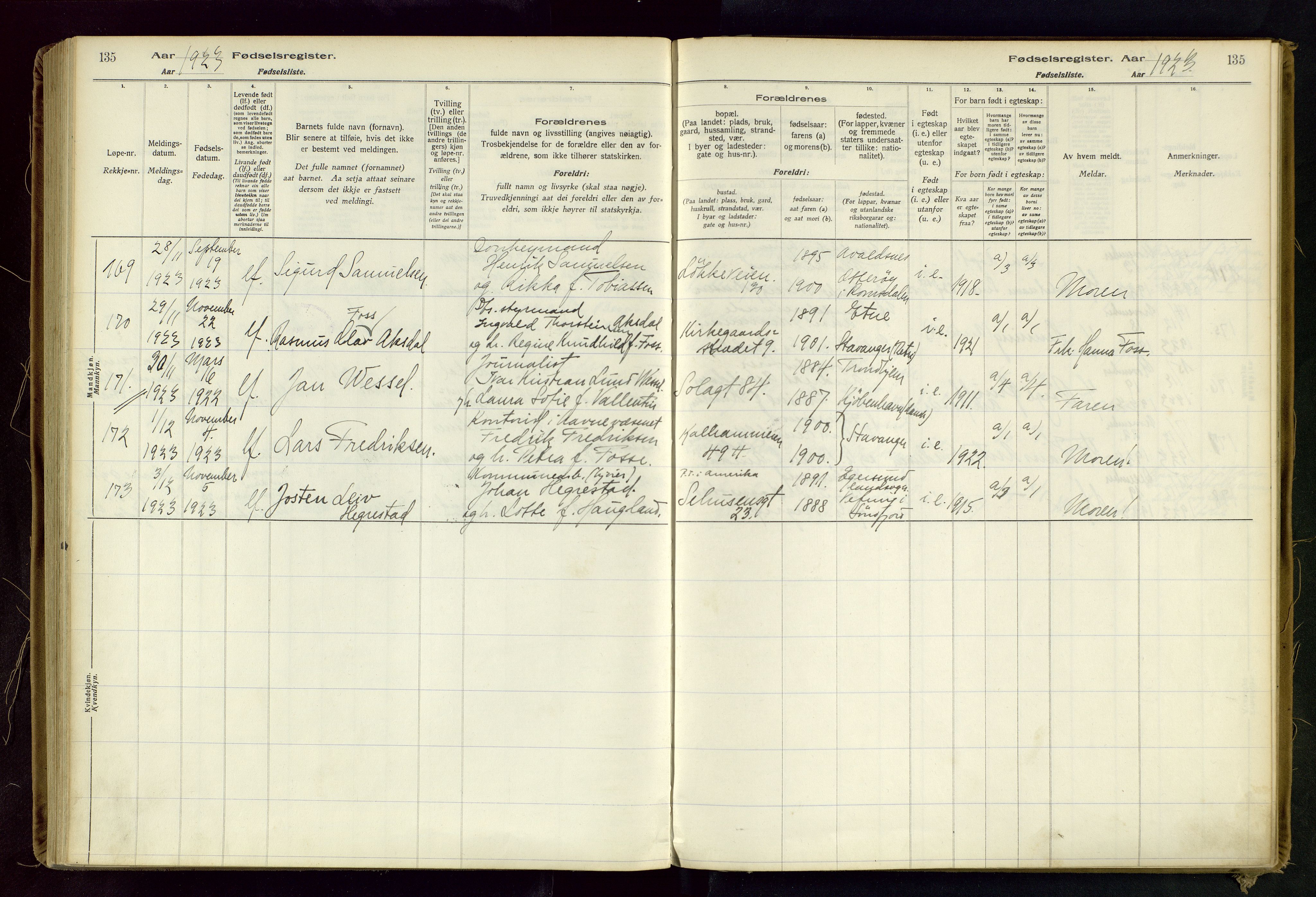Domkirken sokneprestkontor, SAST/A-101812/002/B/L0002: Fødselsregister nr. 2, 1920-1925, s. 135
