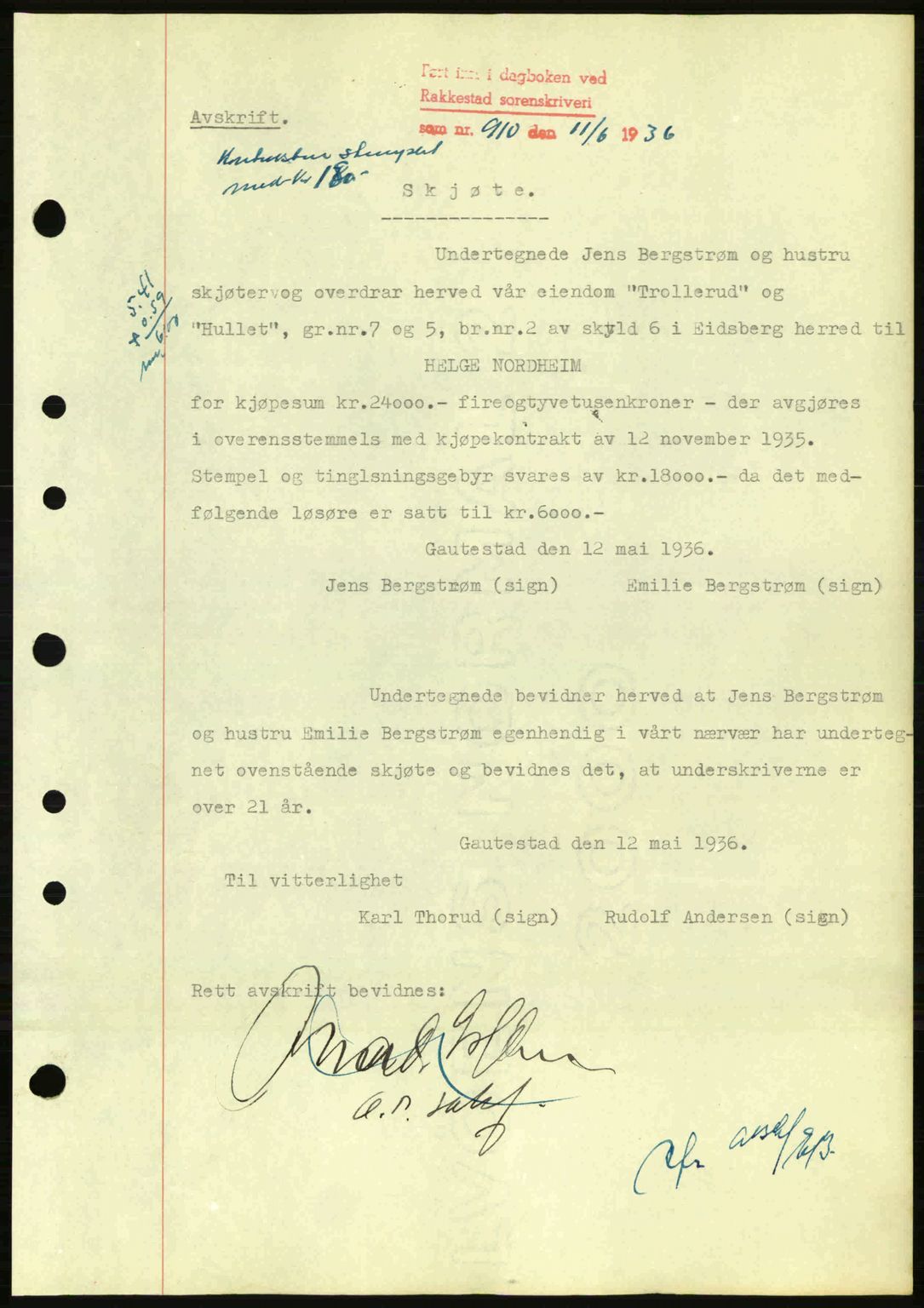 Rakkestad sorenskriveri, SAO/A-10686/G/Gb/Gba/Gbab/L0001: Pantebok nr. A1, 1936-1937, Dagboknr: 910/1936
