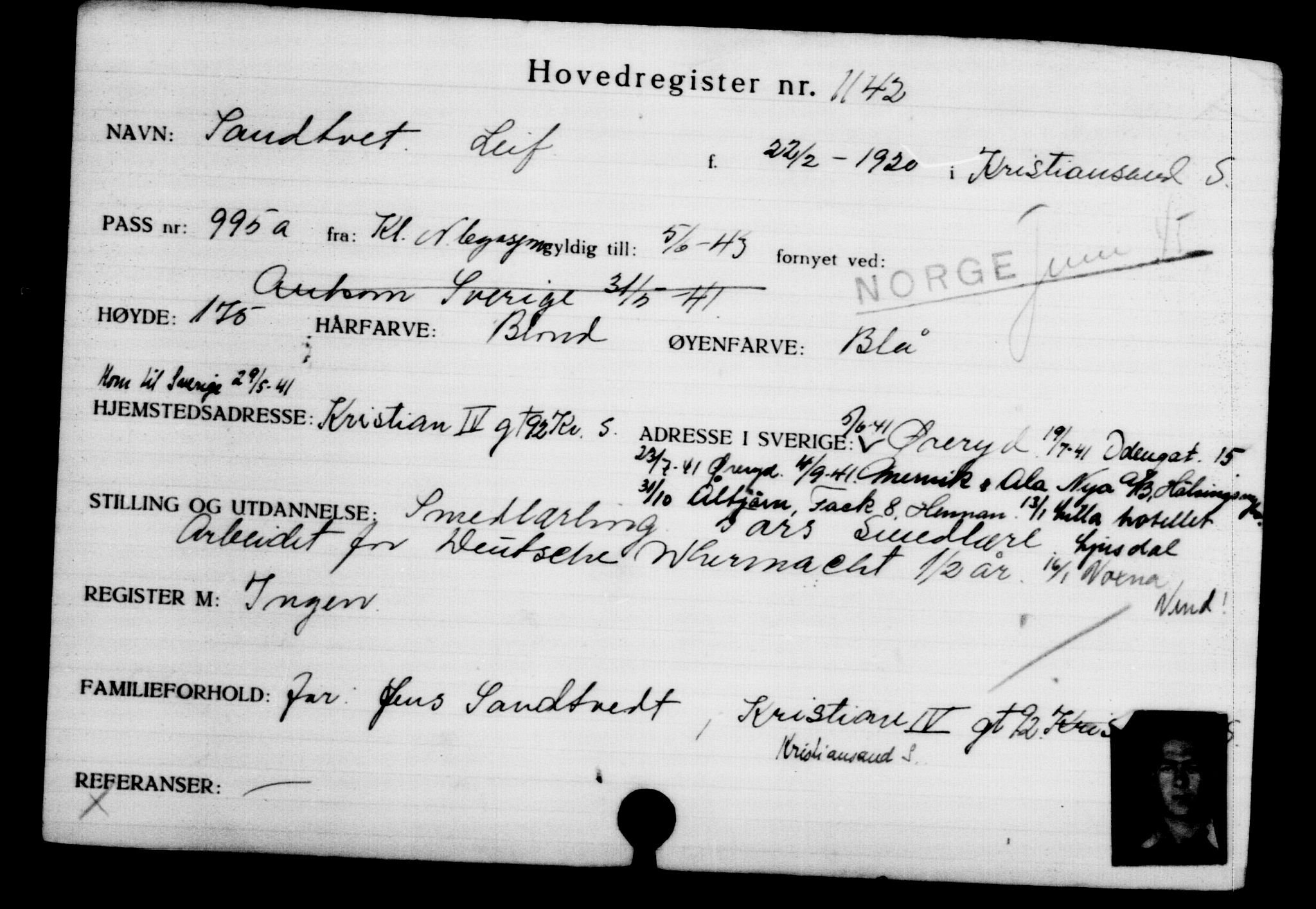 Utenriksstasjonene, Legasjonen i Stockholm, Flyktningkontoret, AV/RA-S-6753/V/Va/L0002: Kjesäterkartoteket, flyktninger med registreringsnr. 1001-2000, 1940-1945, s. 227