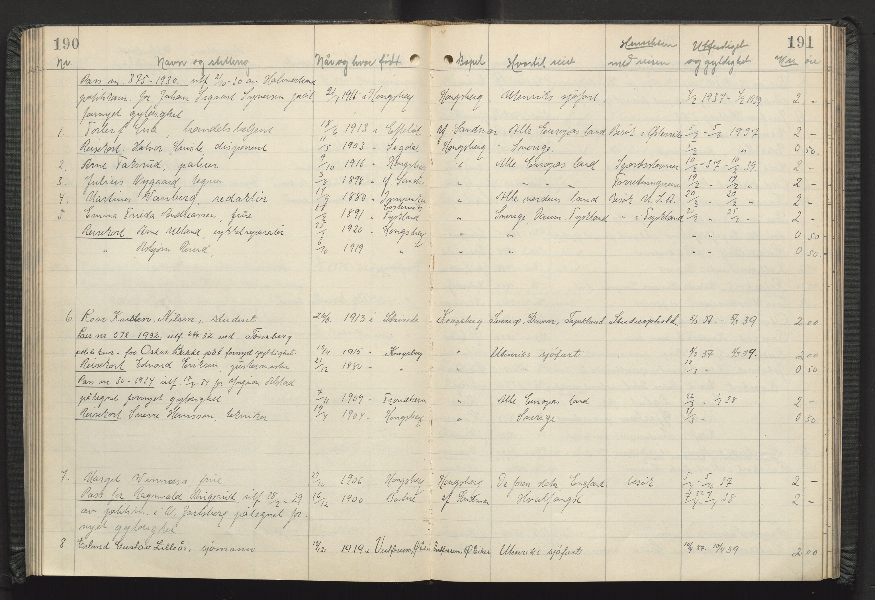 Kongsberg politikammer, AV/SAKO-A-624/I/Ib/Iba/L0004: Passprotokoll, 1927-1946, s. 190-191