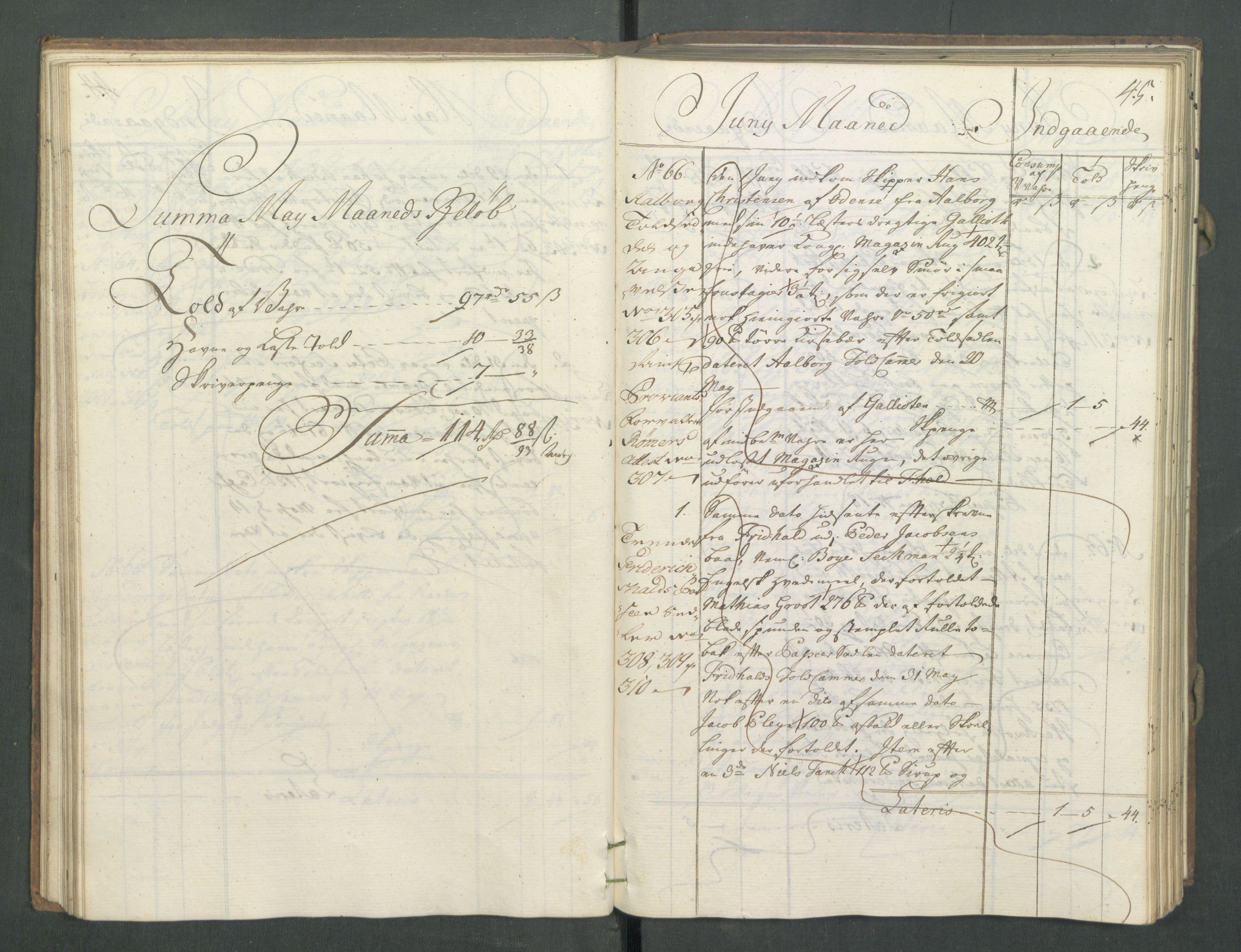 Generaltollkammeret, tollregnskaper, AV/RA-EA-5490/R02/L0022/0001: Tollregnskaper Fredrikstad / Inngående hovedtollbok, 1756, s. 44b-45a