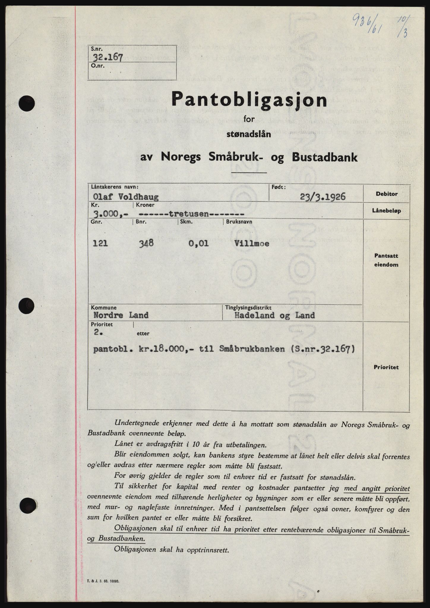Hadeland og Land tingrett, SAH/TING-010/H/Hb/Hbc/L0045: Pantebok nr. B45, 1961-1961, Dagboknr: 936/1961