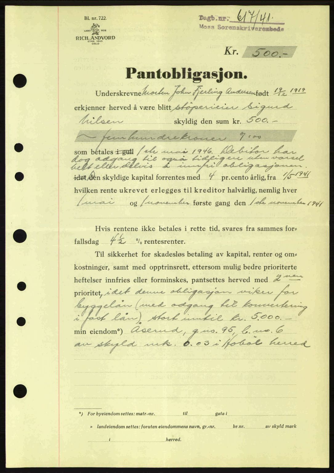 Moss sorenskriveri, SAO/A-10168: Pantebok nr. B10, 1940-1941, Dagboknr: 617/1941