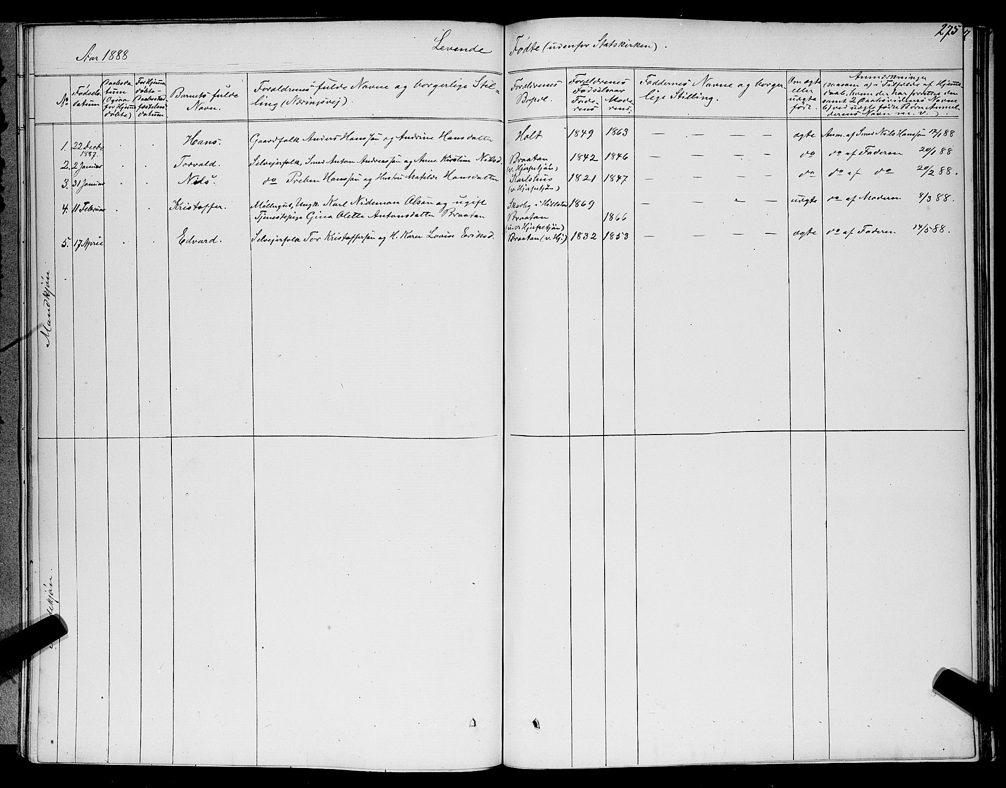 Ramnes kirkebøker, SAKO/A-314/G/Ga/L0003: Klokkerbok nr. I 3, 1870-1896, s. 275