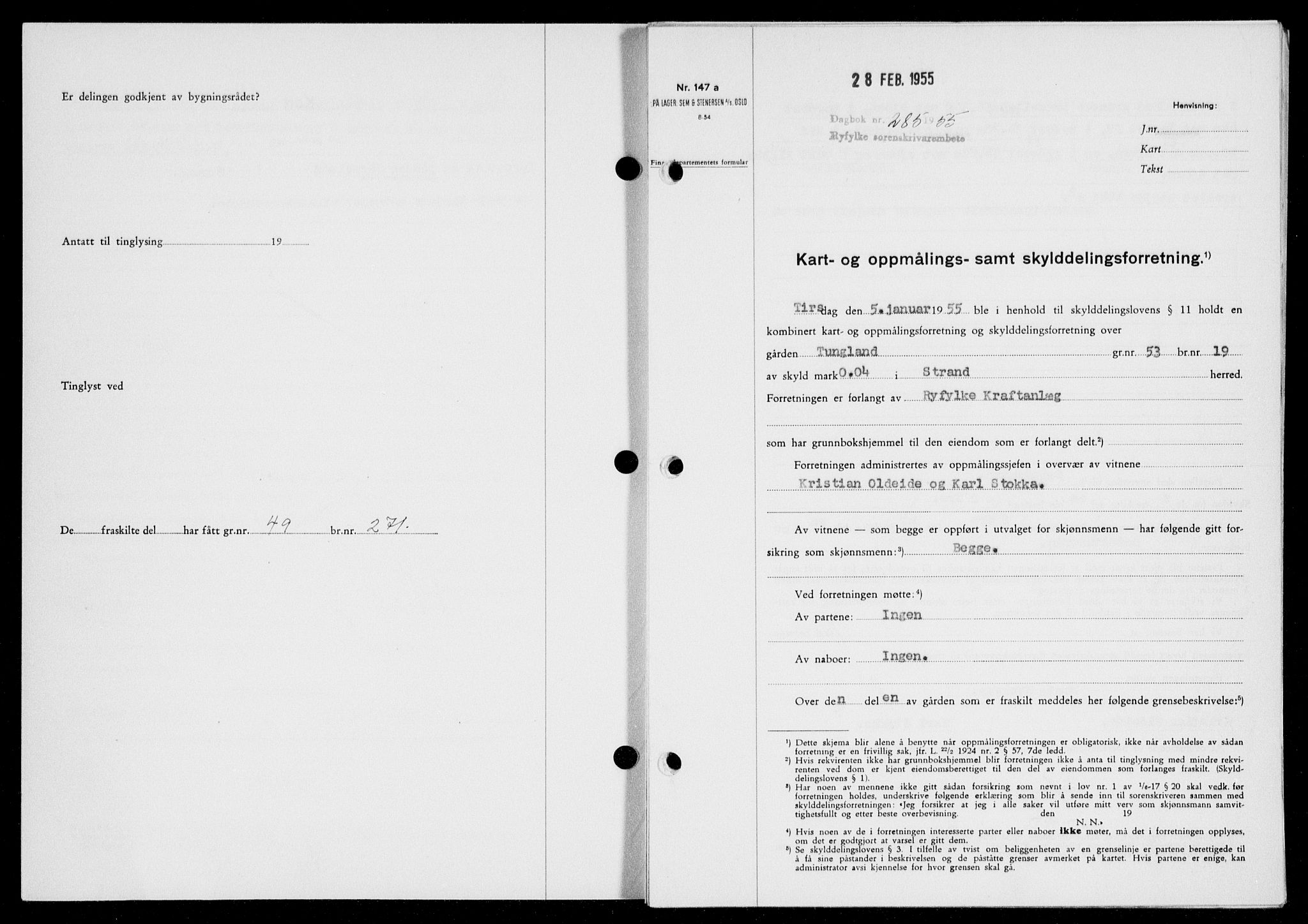 Ryfylke tingrett, SAST/A-100055/001/II/IIB/L0128: Pantebok nr. 107, 1954-1955, Dagboknr: 285/1955