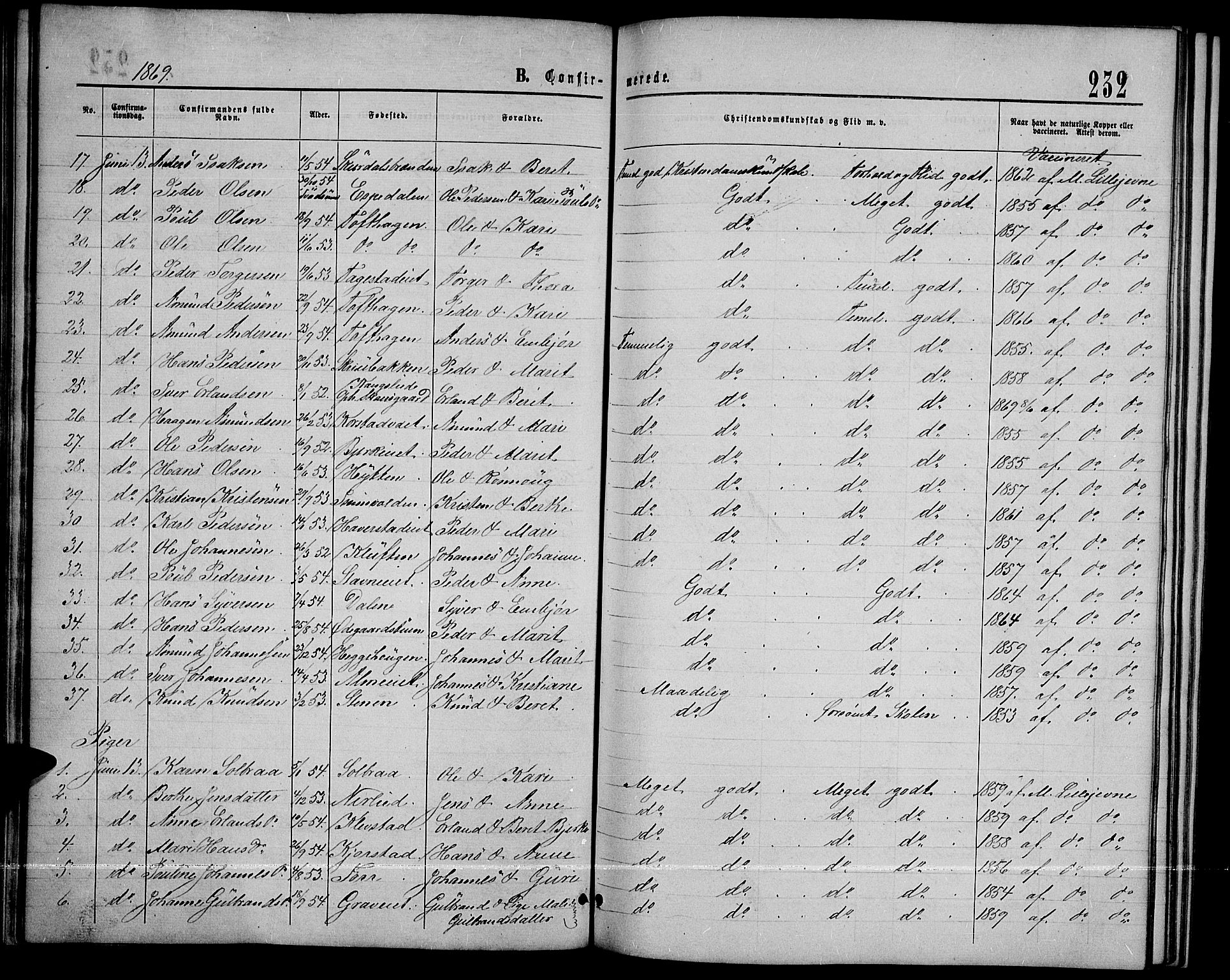Sør-Fron prestekontor, AV/SAH-PREST-010/H/Ha/Hab/L0002: Klokkerbok nr. 2, 1864-1883, s. 232