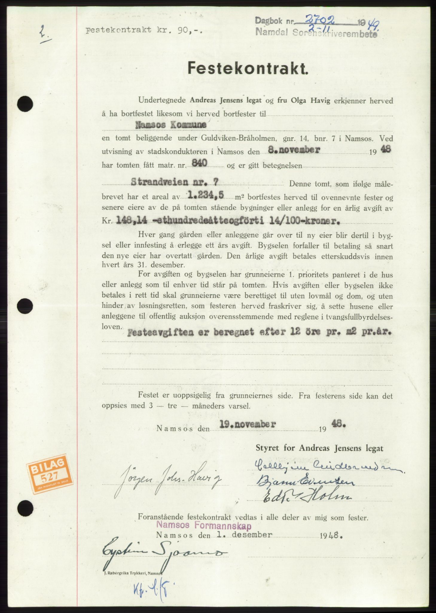 Namdal sorenskriveri, SAT/A-4133/1/2/2C: Pantebok nr. -, 1949-1949, Dagboknr: 2702/1949