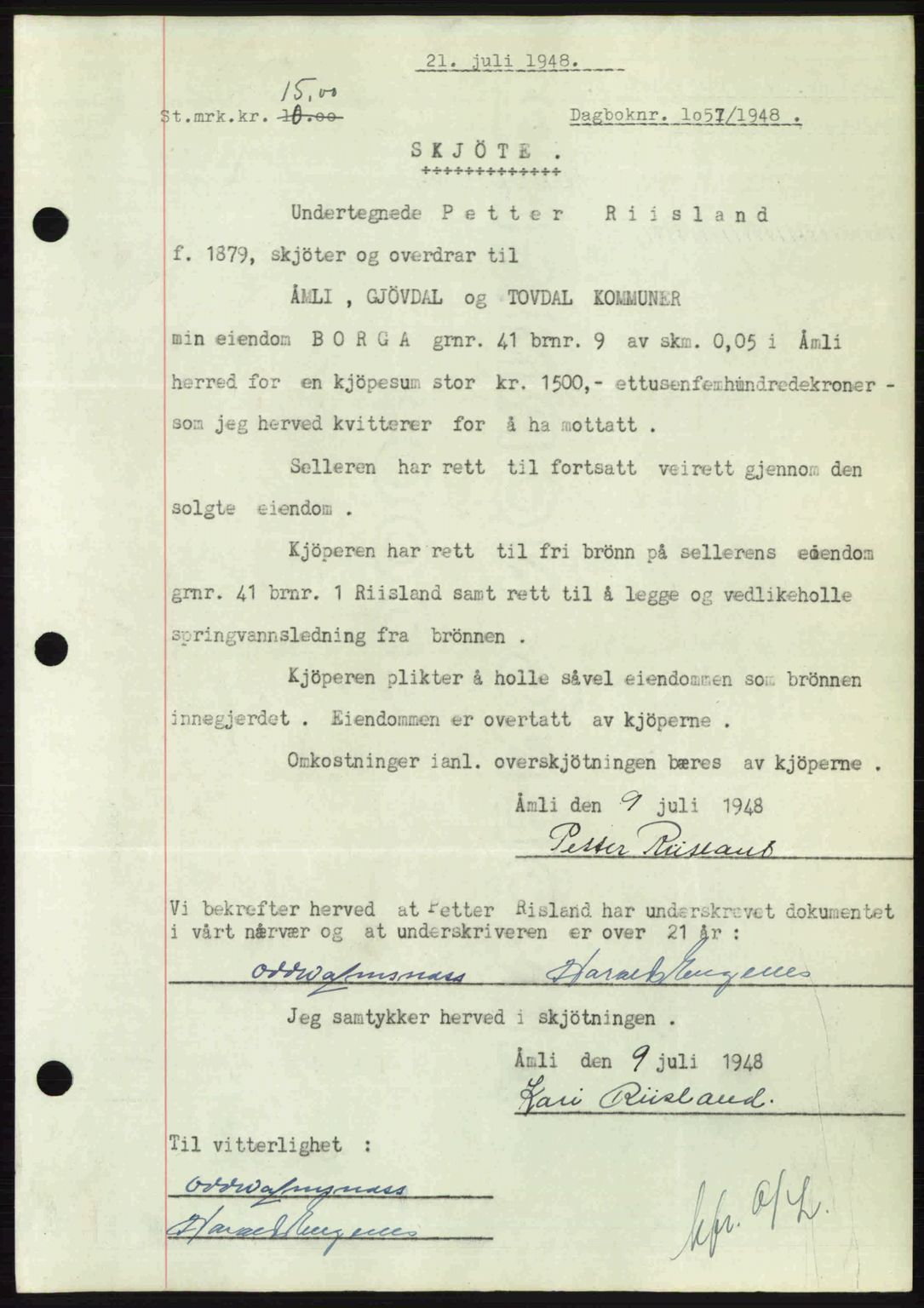 Nedenes sorenskriveri, AV/SAK-1221-0006/G/Gb/Gba/L0059: Pantebok nr. A11, 1948-1948, Dagboknr: 1057/1948