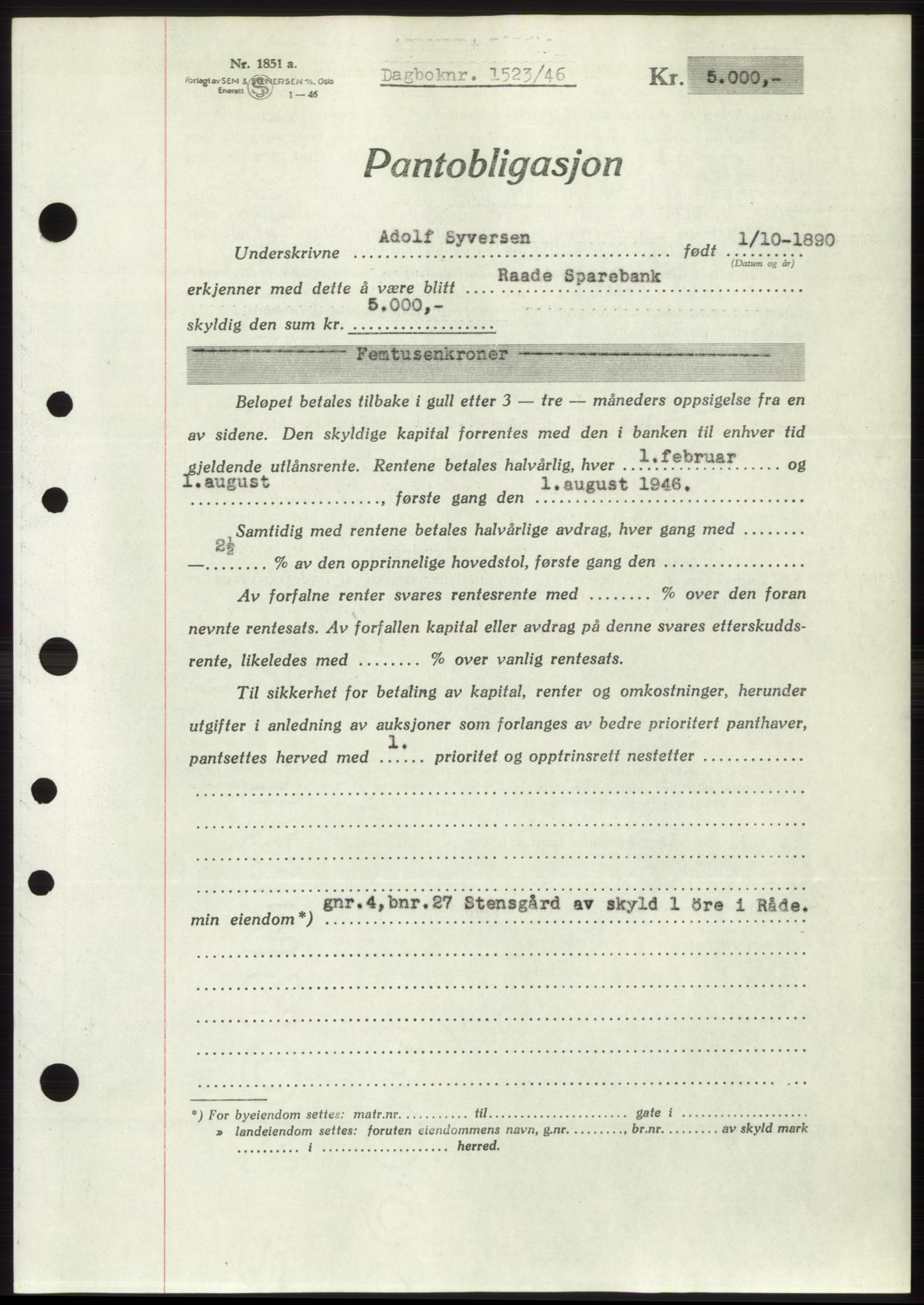 Moss sorenskriveri, SAO/A-10168: Pantebok nr. B15, 1946-1946, Dagboknr: 1523/1946