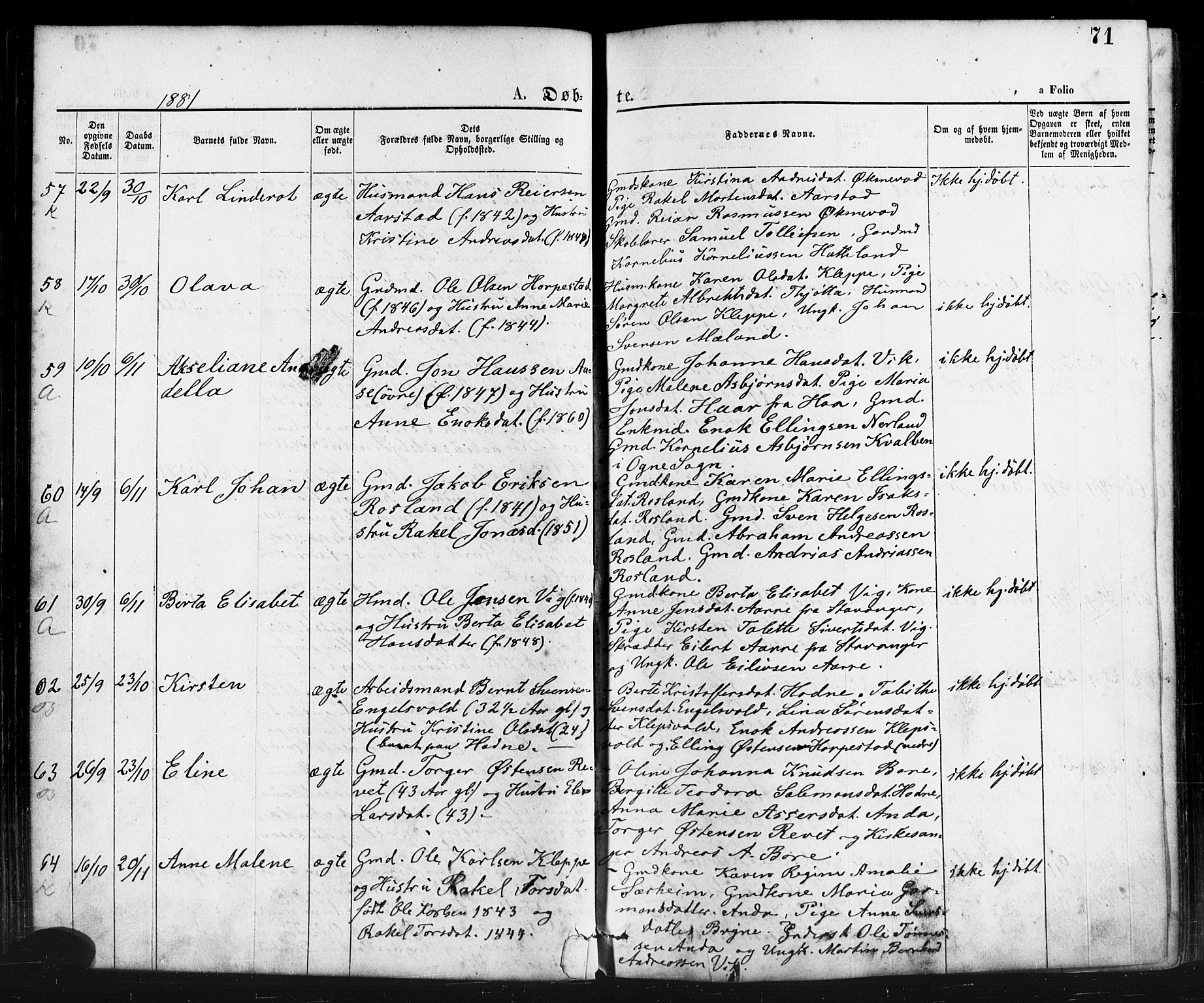 Klepp sokneprestkontor, AV/SAST-A-101803/001/3/30BA/L0006: Ministerialbok nr. A 6, 1871-1885, s. 71