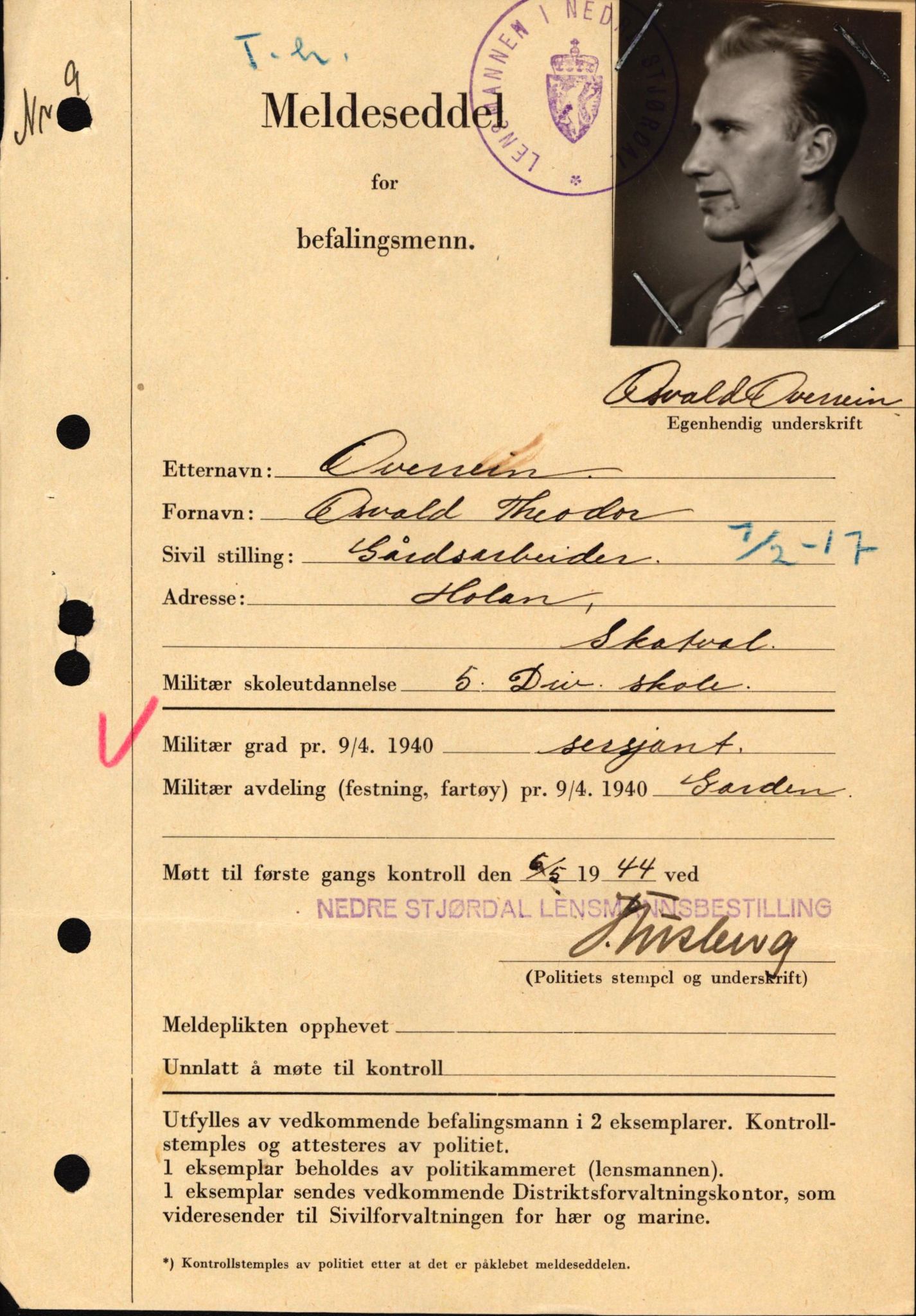 Forsvaret, Forsvarets krigshistoriske avdeling, AV/RA-RAFA-2017/Y/Yf/L0209: II-C-11-2121  -  Okkupasjonstiden.  Meldesedler for befal med foto og oppl. om militær grad 9. apr. 1940., 1944-1945, s. 495