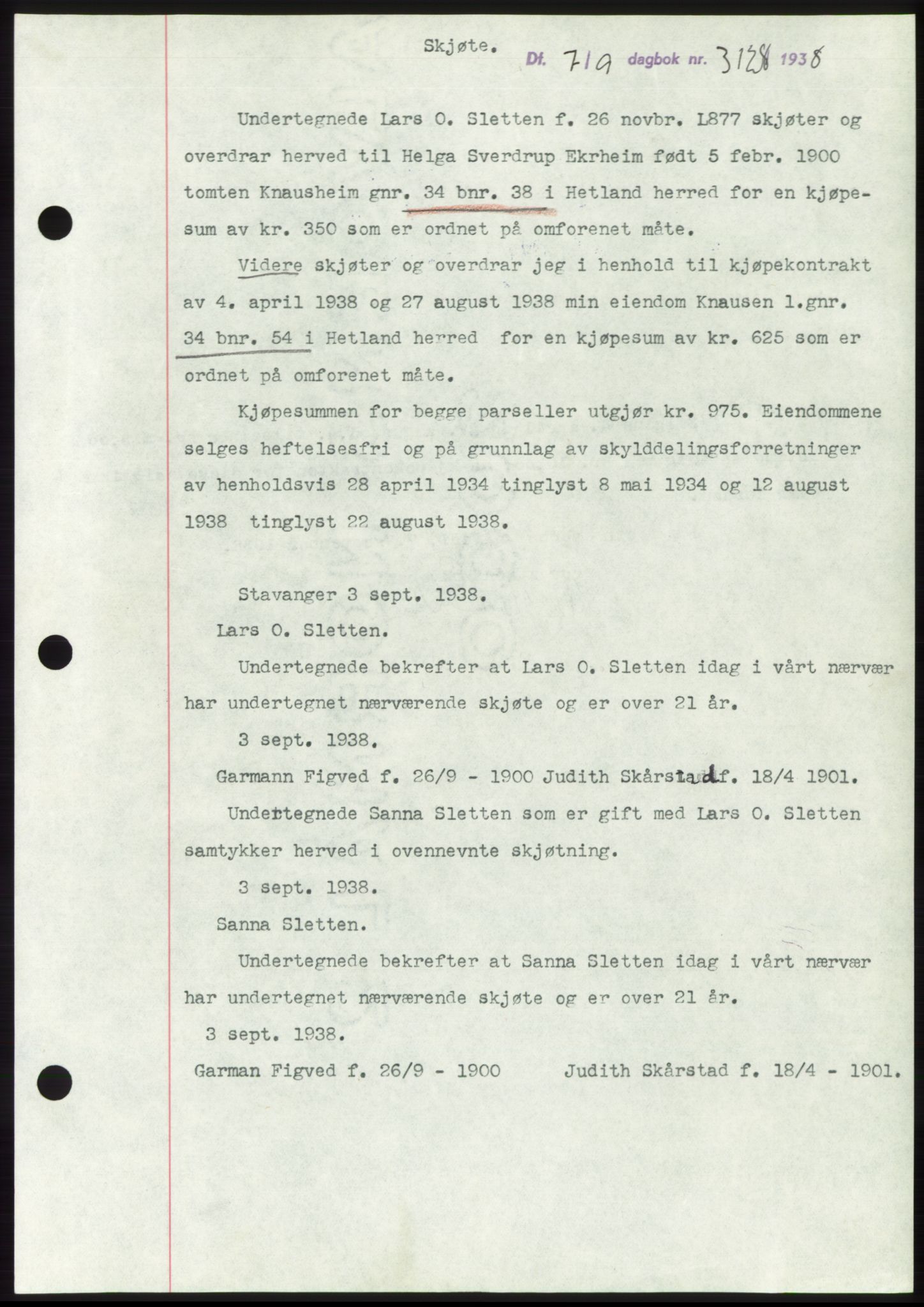 Jæren sorenskriveri, SAST/A-100310/03/G/Gba/L0072: Pantebok, 1938-1938, Dagboknr: 3128/1938