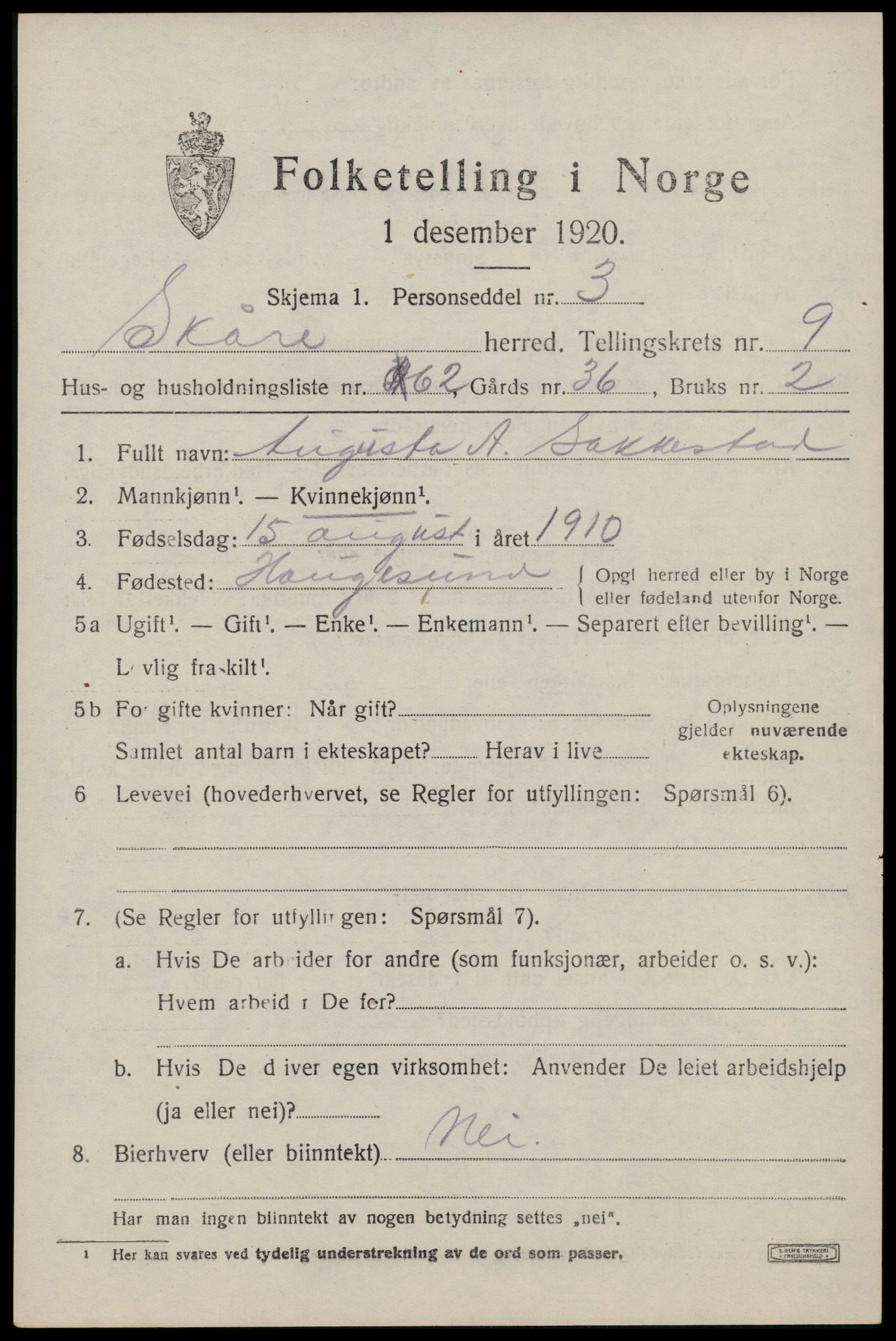 SAST, Folketelling 1920 for 1153 Skåre herred, 1920, s. 7848