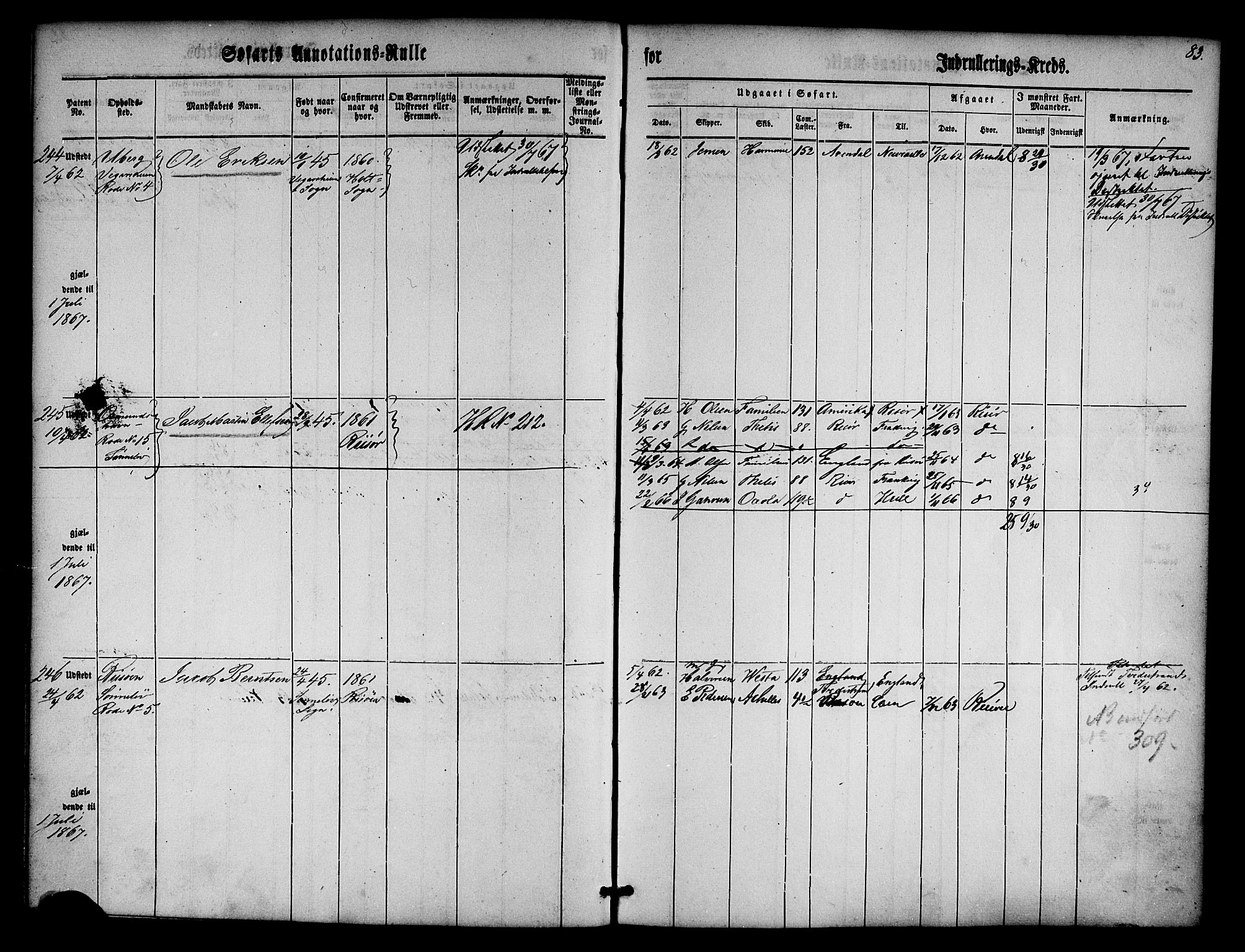 Risør mønstringskrets, SAK/2031-0010/F/Fa/L0001: Annotasjonsrulle nr 1-435 med register, D-1, 1860-1865, s. 102