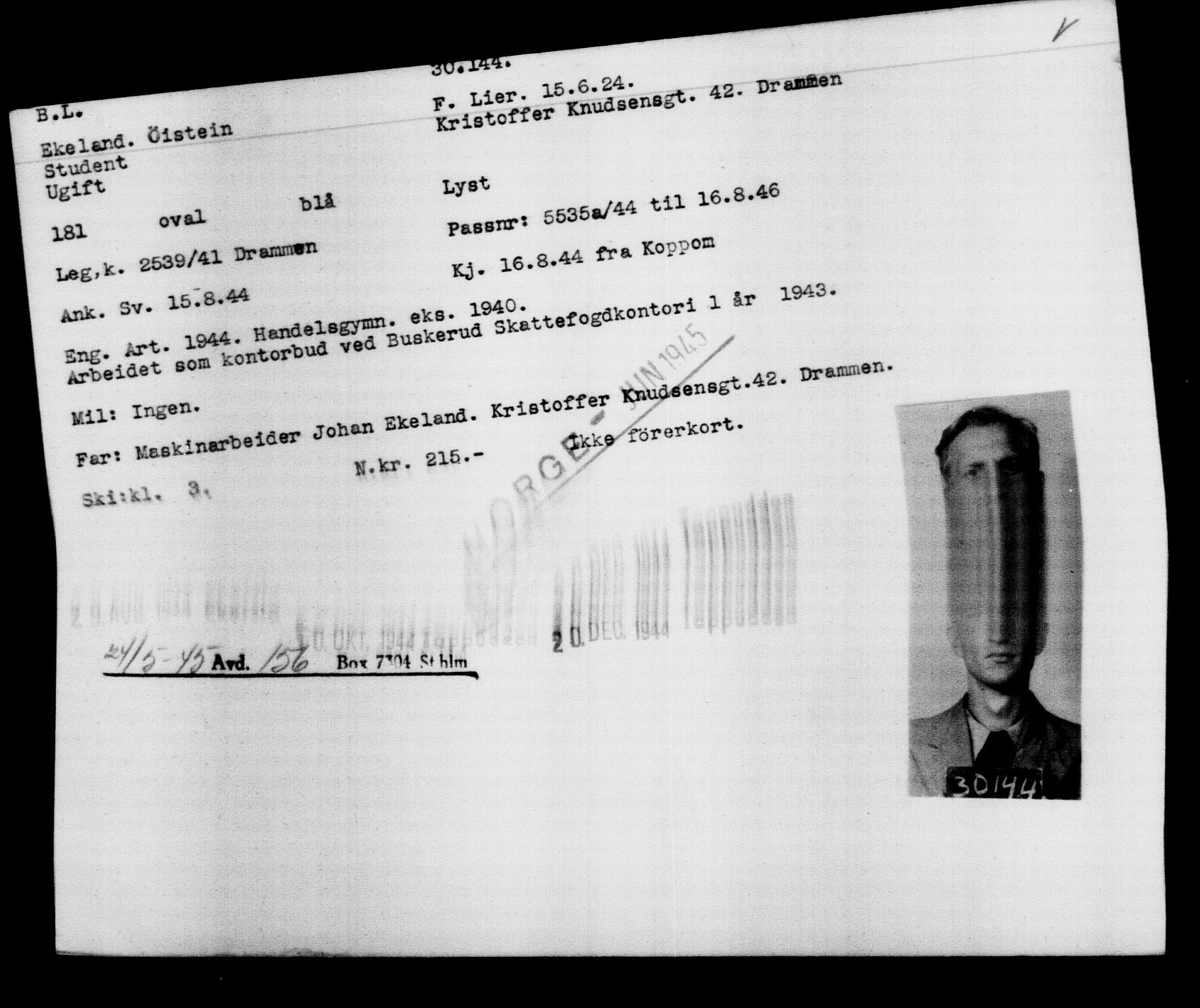 Utenriksstasjonene, Legasjonen i Stockholm, Flyktningkontoret, AV/RA-S-6753/V/Va/L0012: Kjesäterkartoteket, flyktninger med registreringsnr. 28300-31566, 1940-1945, s. 2029