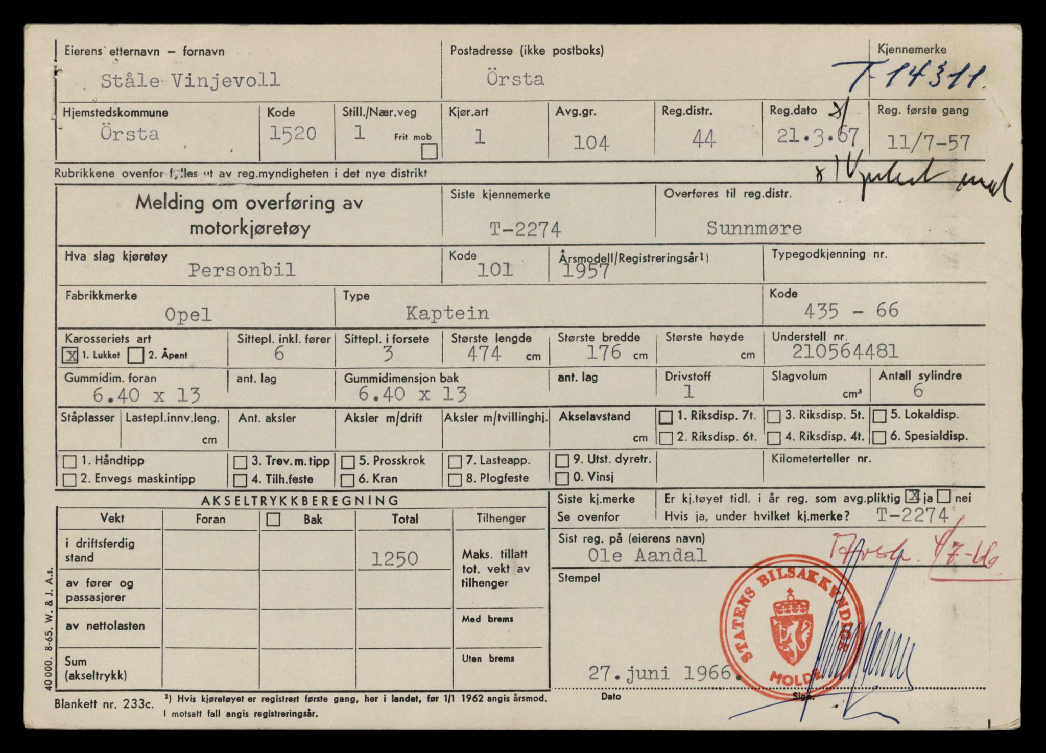 Møre og Romsdal vegkontor - Ålesund trafikkstasjon, AV/SAT-A-4099/F/Fe/L0044: Registreringskort for kjøretøy T 14205 - T 14319, 1927-1998, s. 3095