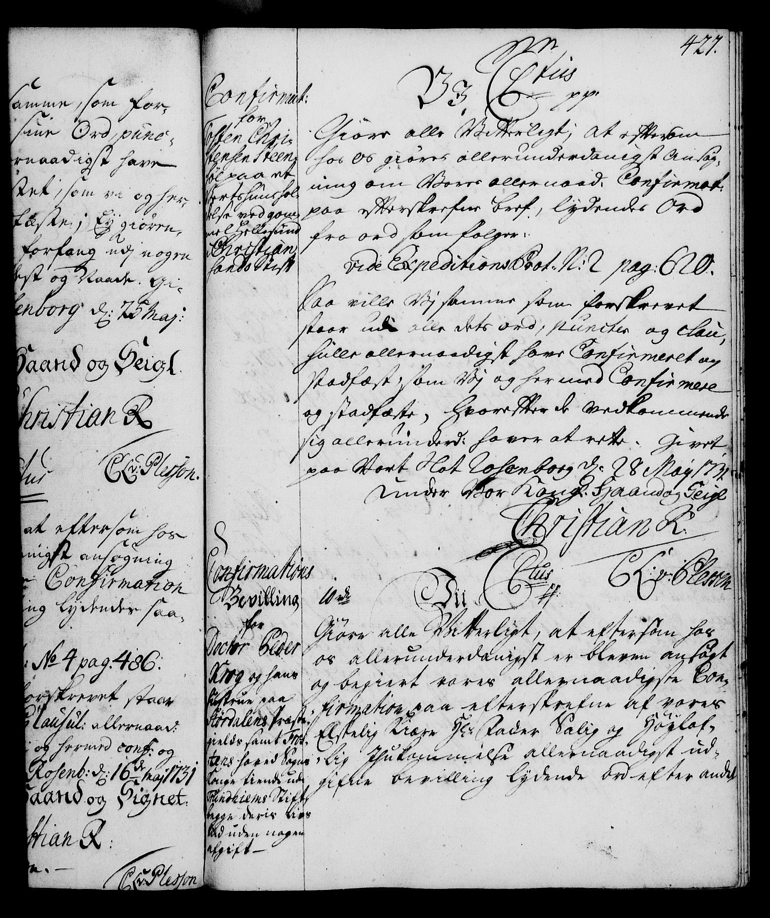 Rentekammeret, Kammerkanselliet, RA/EA-3111/G/Gg/Gga/L0003: Norsk ekspedisjonsprotokoll med register (merket RK 53.3), 1727-1734, s. 427