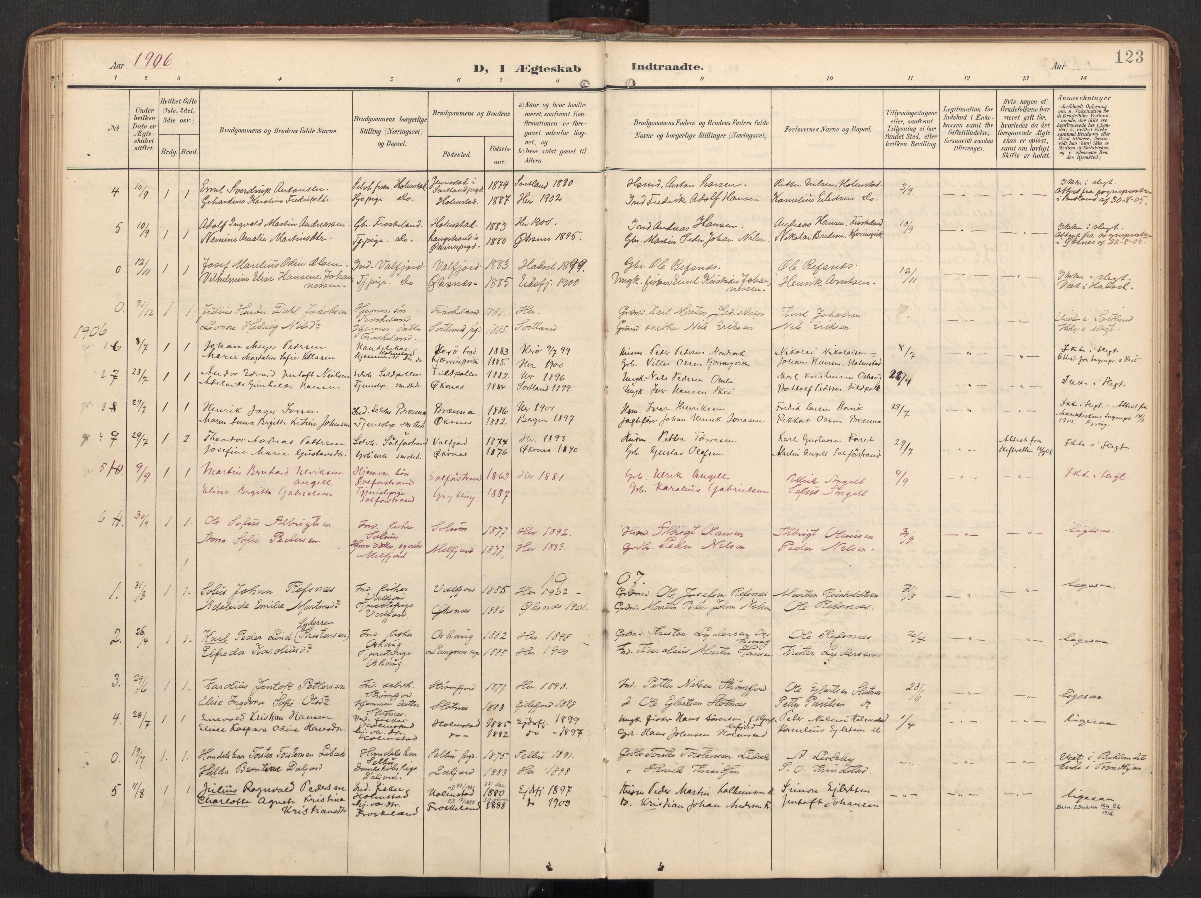 Ministerialprotokoller, klokkerbøker og fødselsregistre - Nordland, AV/SAT-A-1459/890/L1287: Ministerialbok nr. 890A02, 1903-1915, s. 123