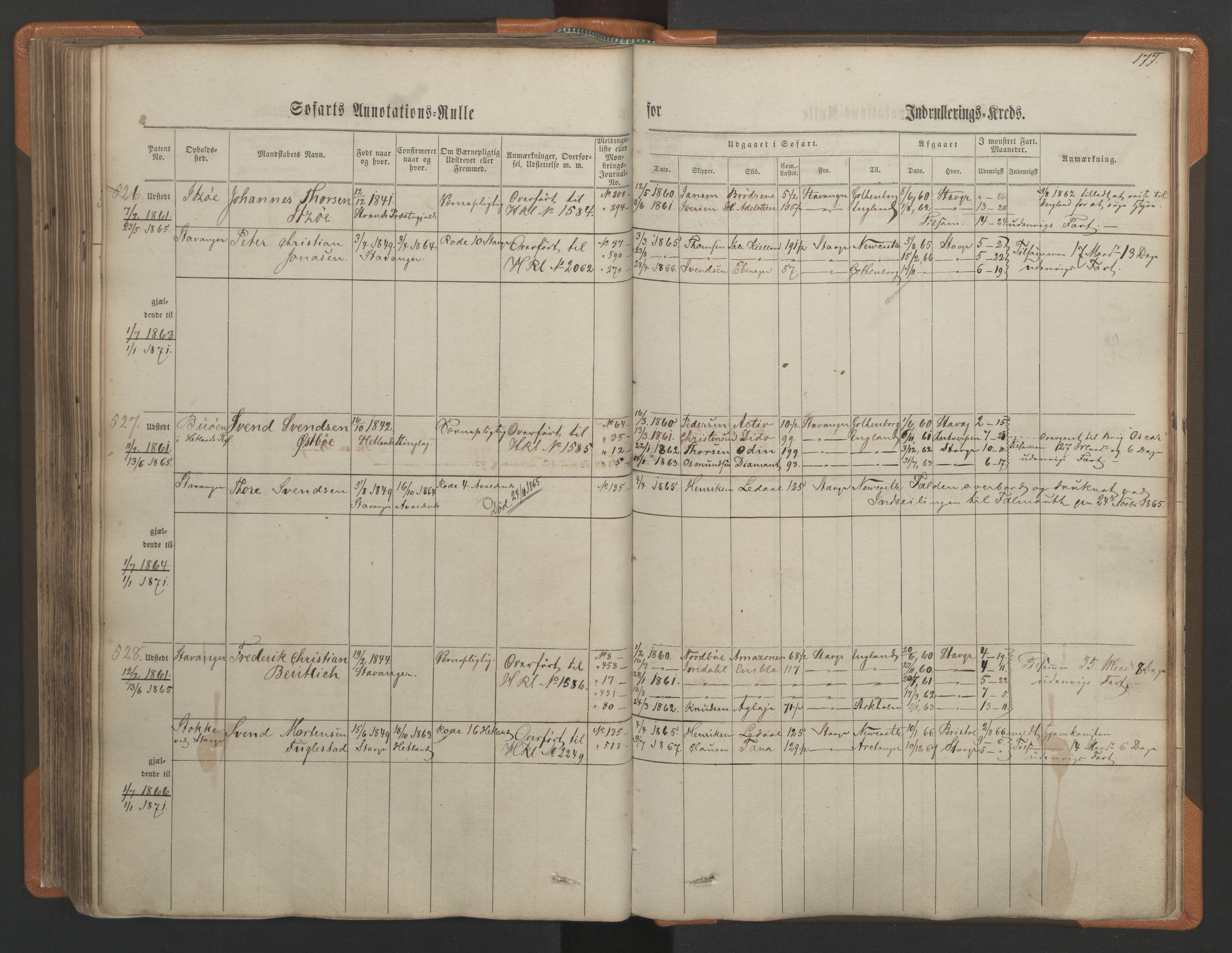 Stavanger sjømannskontor, AV/SAST-A-102006/F/Ff/L0001: Annotasjonsrulle, patentnr. 1-597 (del 1), 1860-1864, s. 187