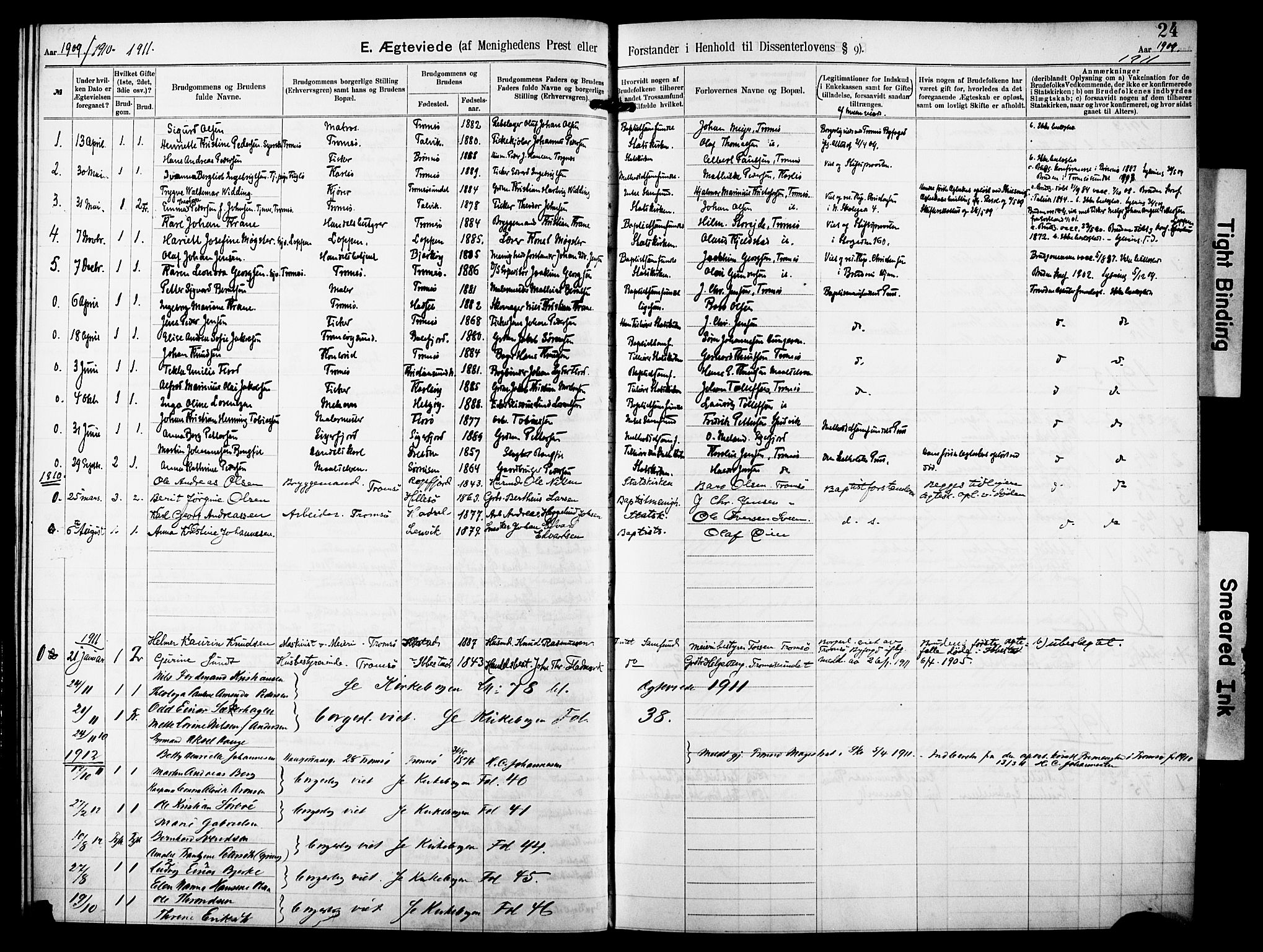 Tromsø sokneprestkontor/stiftsprosti/domprosti, AV/SATØ-S-1343/G/Ge/L0068: Dissenterprotokoll nr. 68, 1907-1917, s. 24