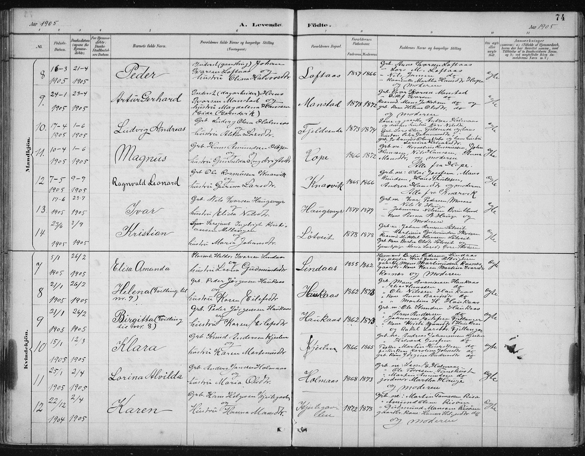 Lindås Sokneprestembete, AV/SAB-A-76701/H/Hab/Habb/L0003: Klokkerbok nr. B 3, 1886-1914, s. 74