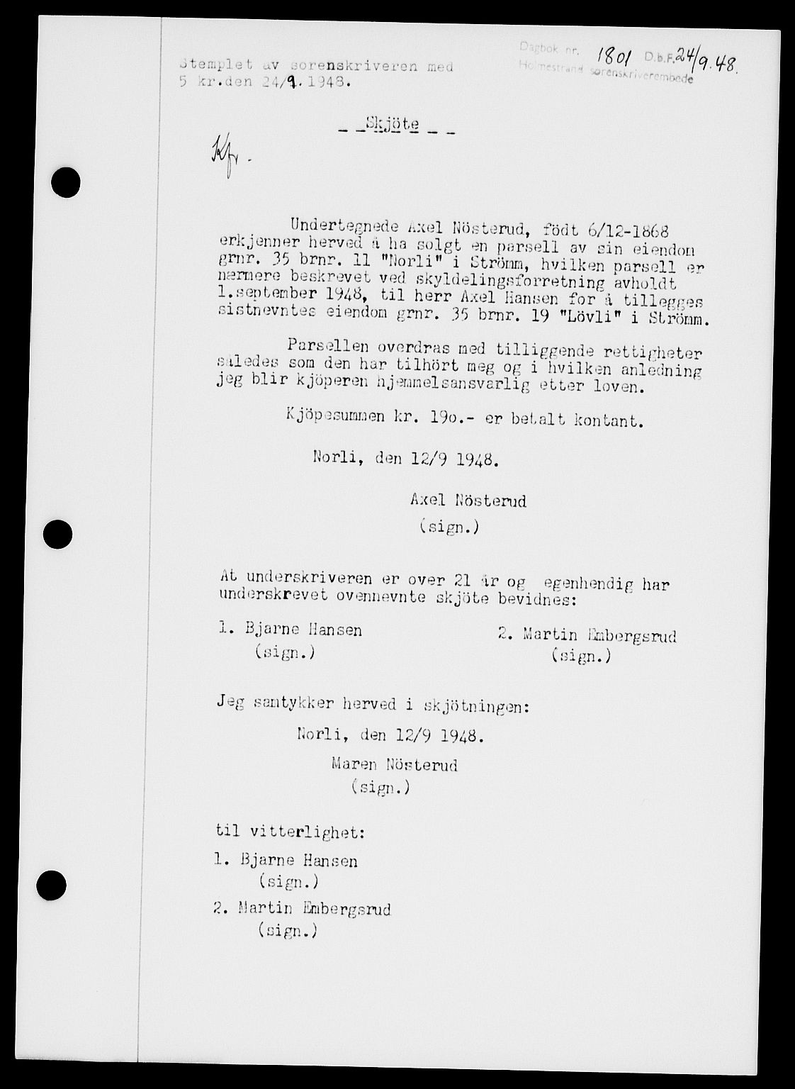 Holmestrand sorenskriveri, SAKO/A-67/G/Ga/Gaa/L0064: Pantebok nr. A-64, 1948-1948, Dagboknr: 1801/1948
