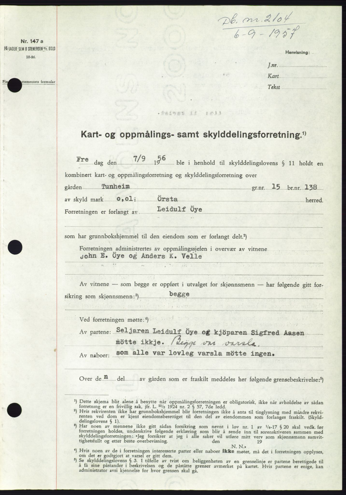 Søre Sunnmøre sorenskriveri, SAT/A-4122/1/2/2C/L0107: Pantebok nr. 33A, 1957-1957, Dagboknr: 2104/1957