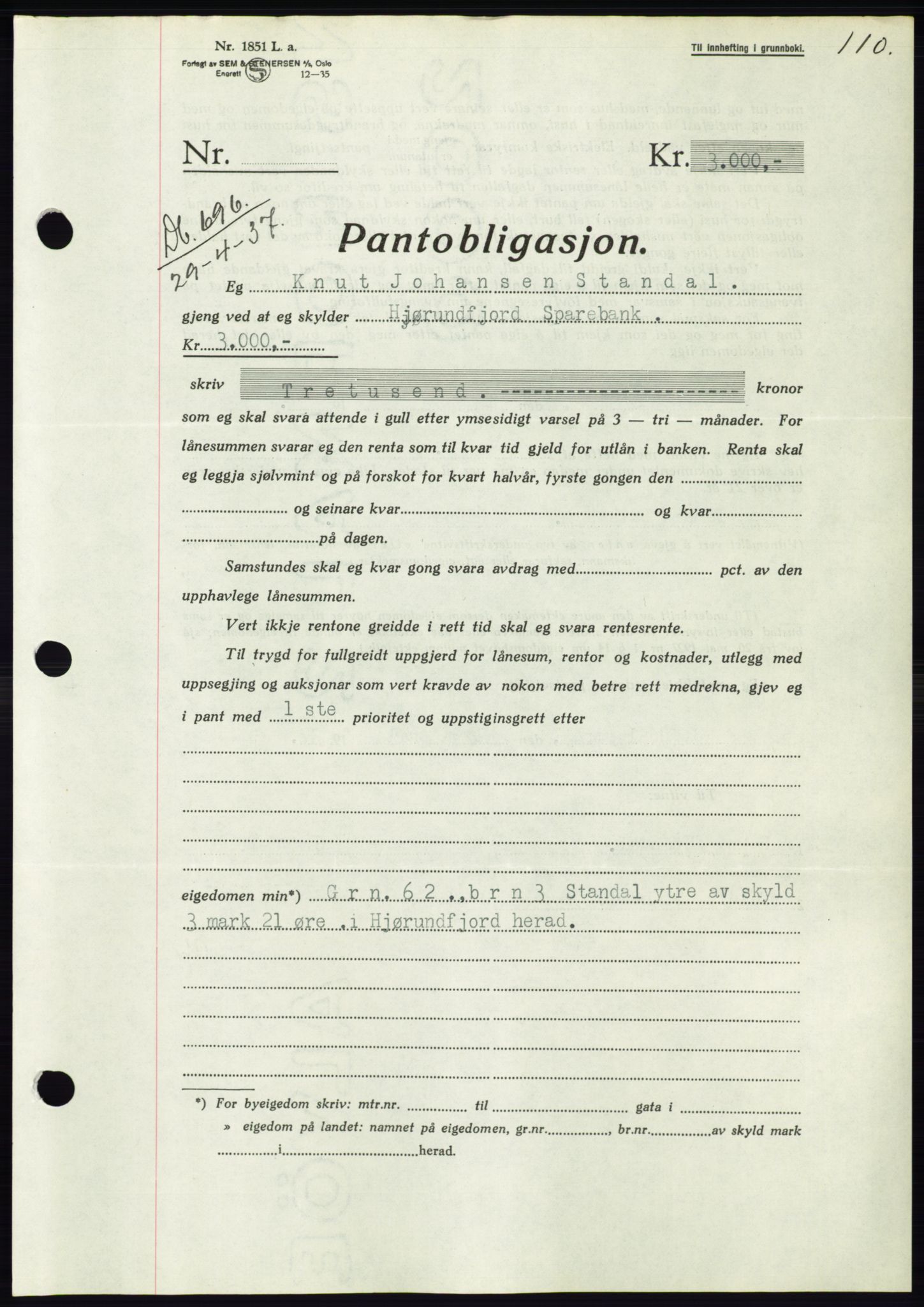 Søre Sunnmøre sorenskriveri, AV/SAT-A-4122/1/2/2C/L0063: Pantebok nr. 57, 1937-1937, Dagboknr: 696/1937