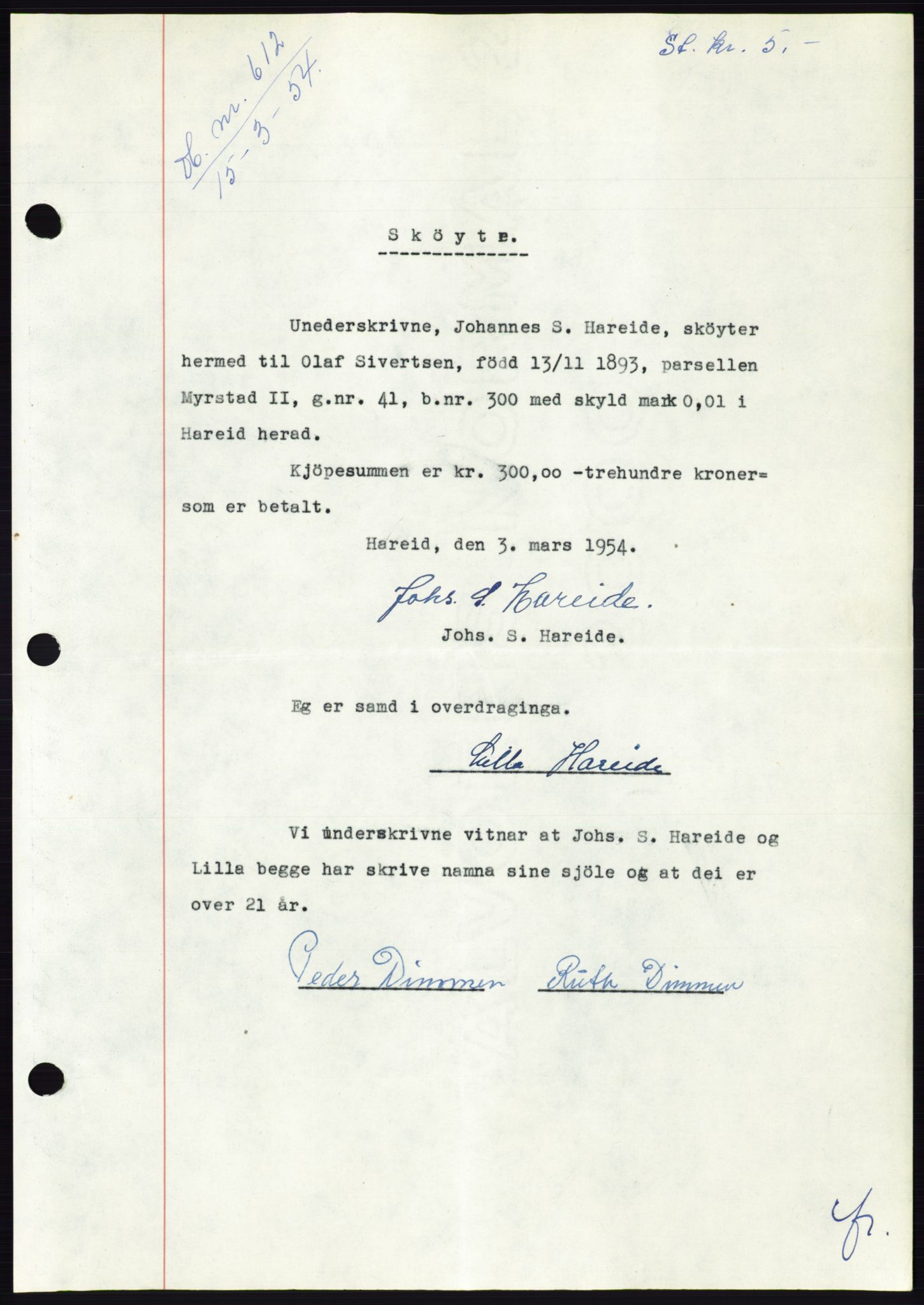 Søre Sunnmøre sorenskriveri, AV/SAT-A-4122/1/2/2C/L0097: Pantebok nr. 23A, 1954-1954, Dagboknr: 612/1954