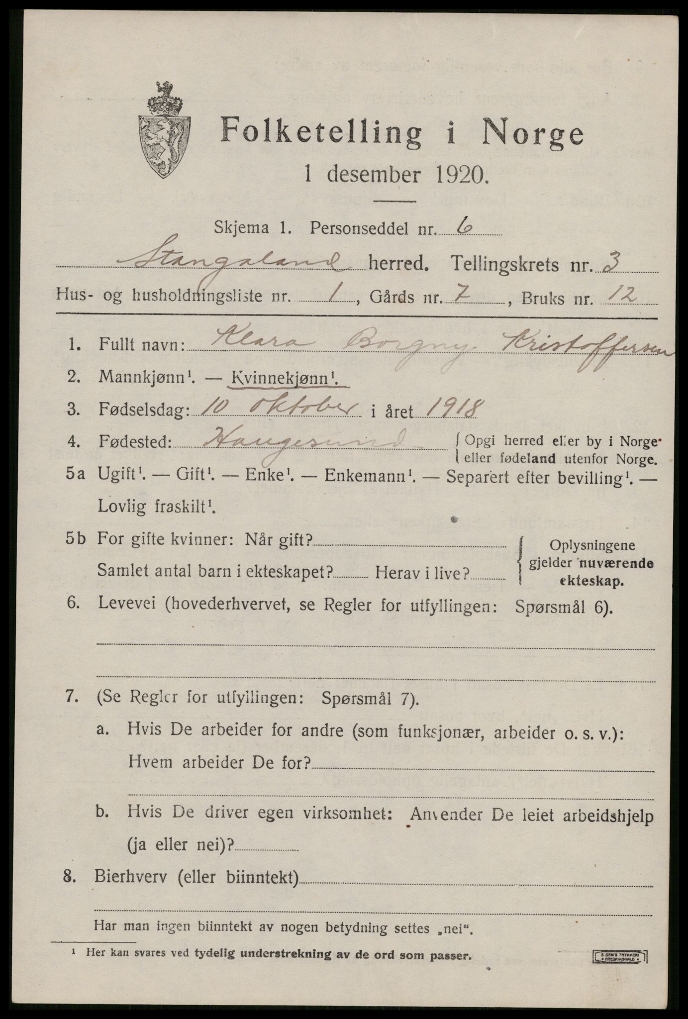 SAST, Folketelling 1920 for 1148 Stangaland herred, 1920, s. 2177