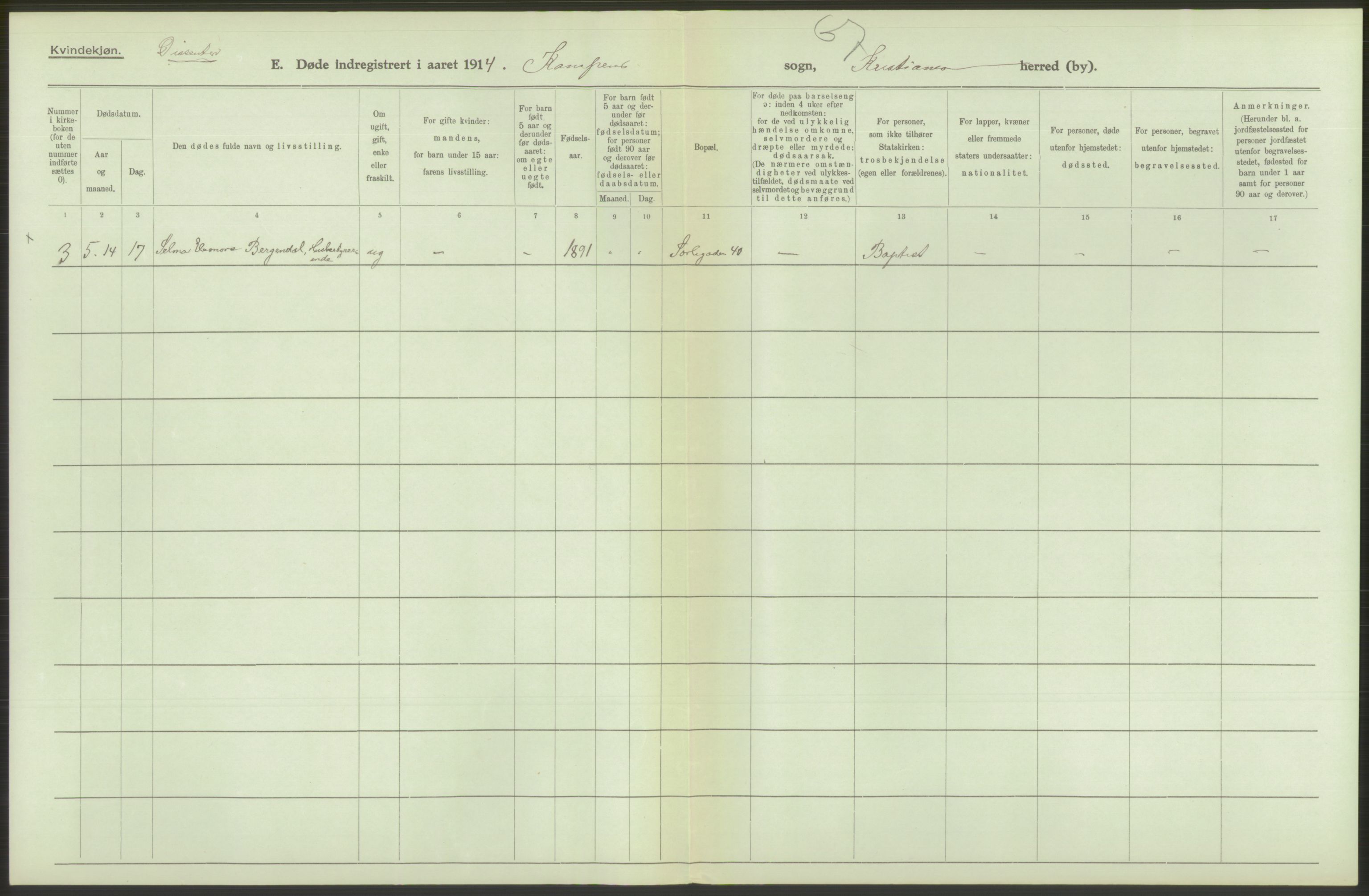 Statistisk sentralbyrå, Sosiodemografiske emner, Befolkning, AV/RA-S-2228/D/Df/Dfb/Dfbd/L0008: Kristiania: Døde, 1914, s. 438