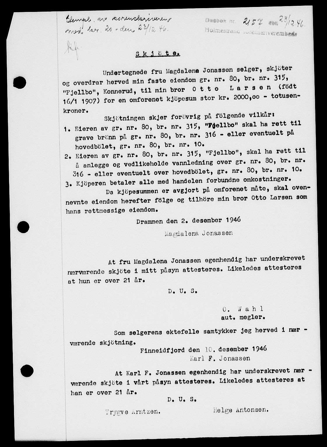 Holmestrand sorenskriveri, SAKO/A-67/G/Ga/Gaa/L0061: Pantebok nr. A-61, 1946-1947, Dagboknr: 2157/1946