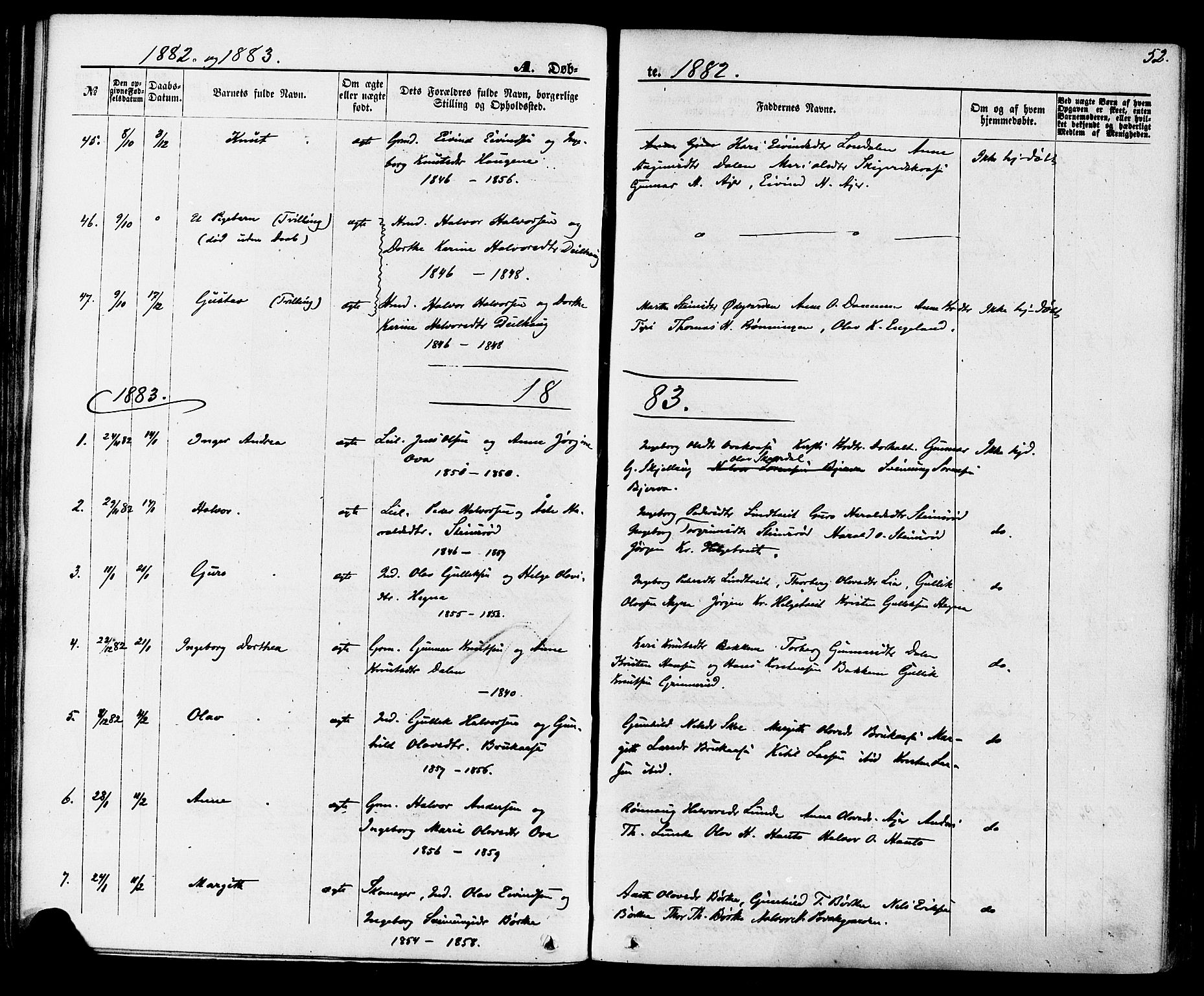 Lunde kirkebøker, AV/SAKO-A-282/F/Fa/L0001: Ministerialbok nr. I 1, 1866-1883, s. 52