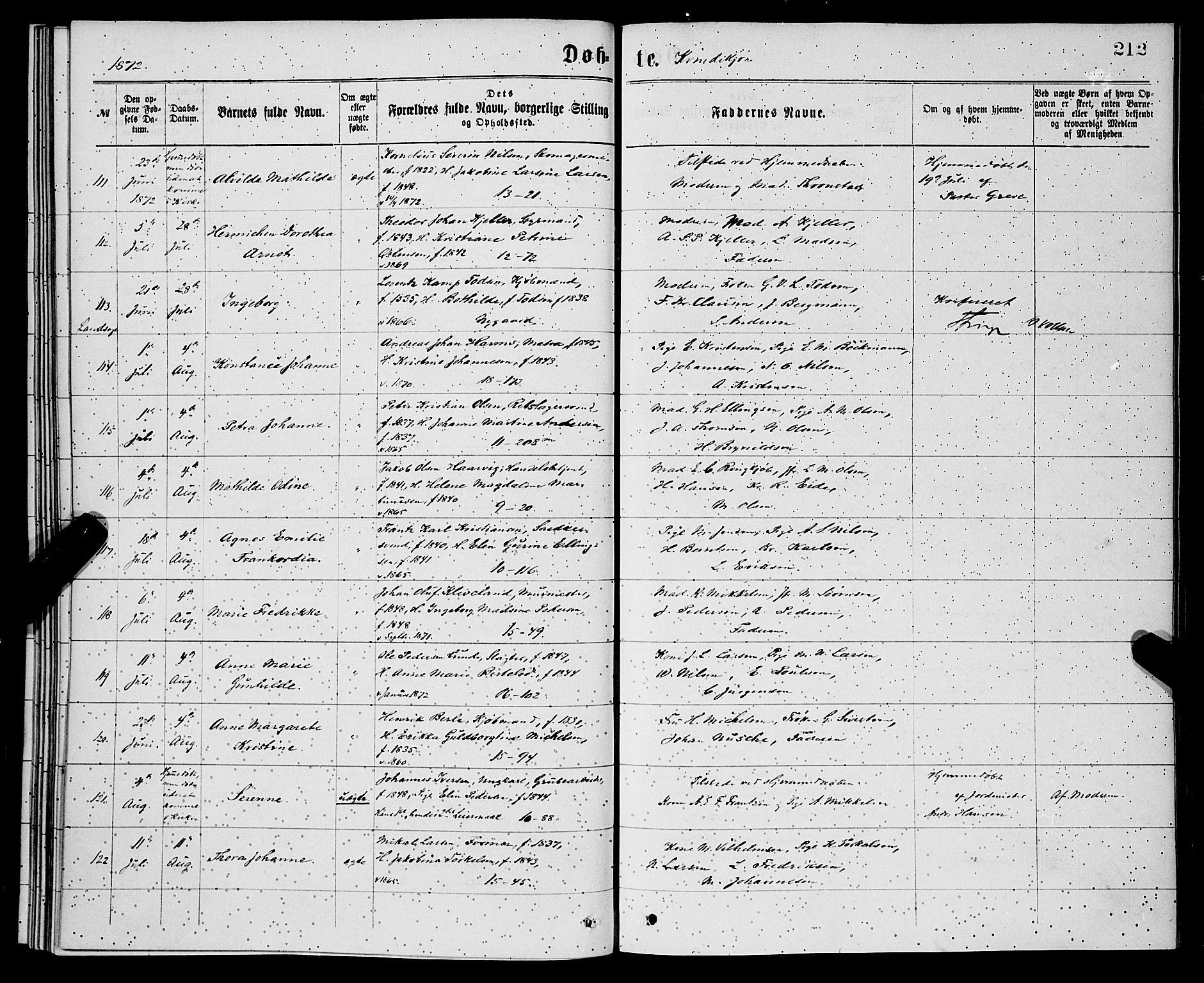 Domkirken sokneprestembete, AV/SAB-A-74801/H/Hab/L0013: Klokkerbok nr. B 6, 1869-1876, s. 212