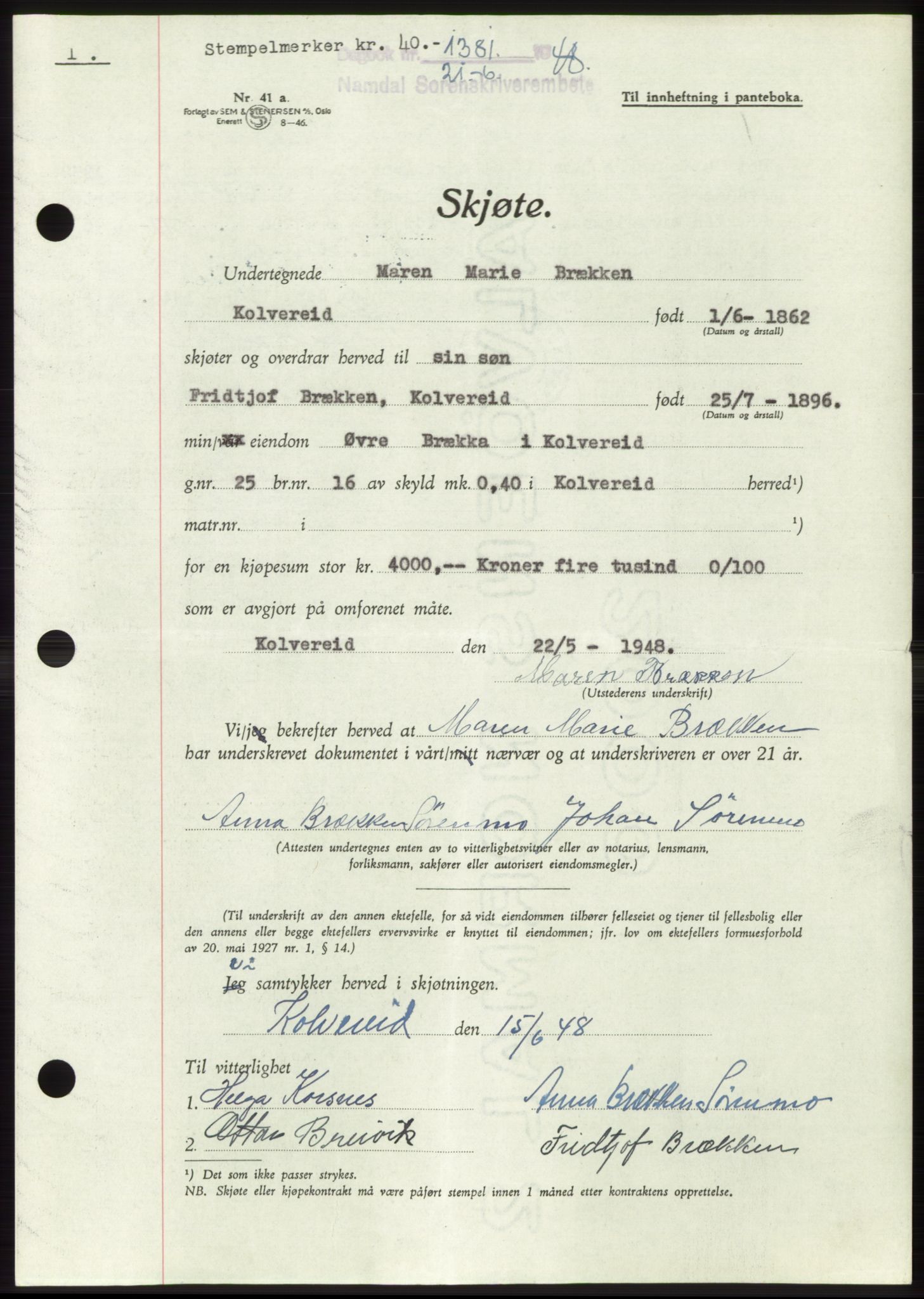 Namdal sorenskriveri, SAT/A-4133/1/2/2C: Pantebok nr. -, 1948-1948, Dagboknr: 1381/1948