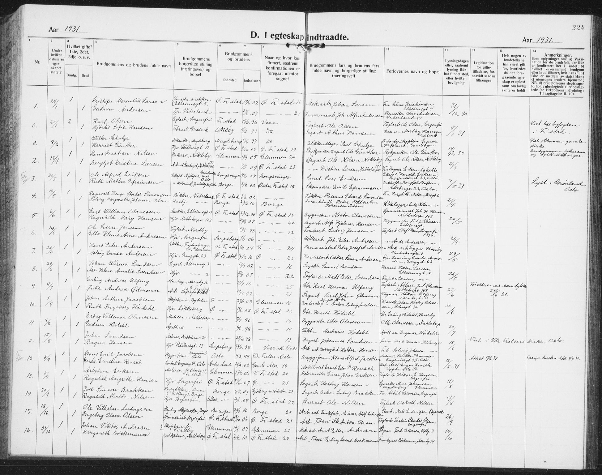 Østre Fredrikstad prestekontor Kirkebøker, AV/SAO-A-10907/G/Ga/L0003: Klokkerbok nr. 3, 1920-1940, s. 224