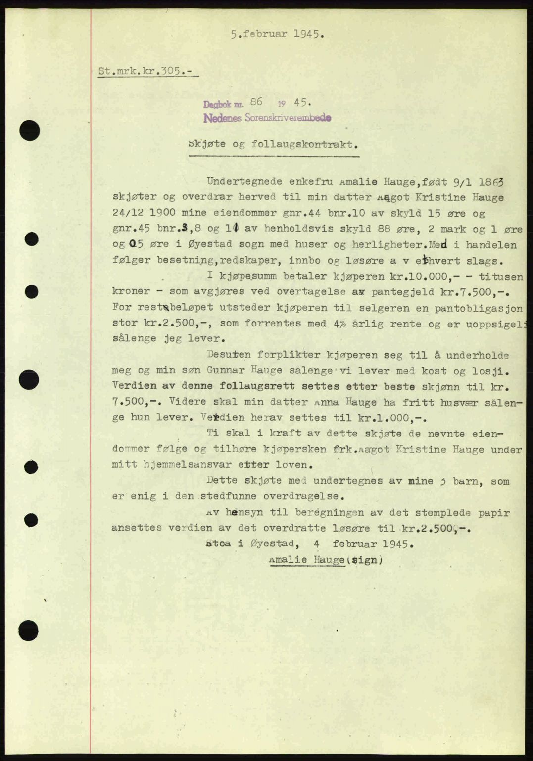Nedenes sorenskriveri, SAK/1221-0006/G/Gb/Gba/L0052: Pantebok nr. A6a, 1944-1945, Dagboknr: 86/1945
