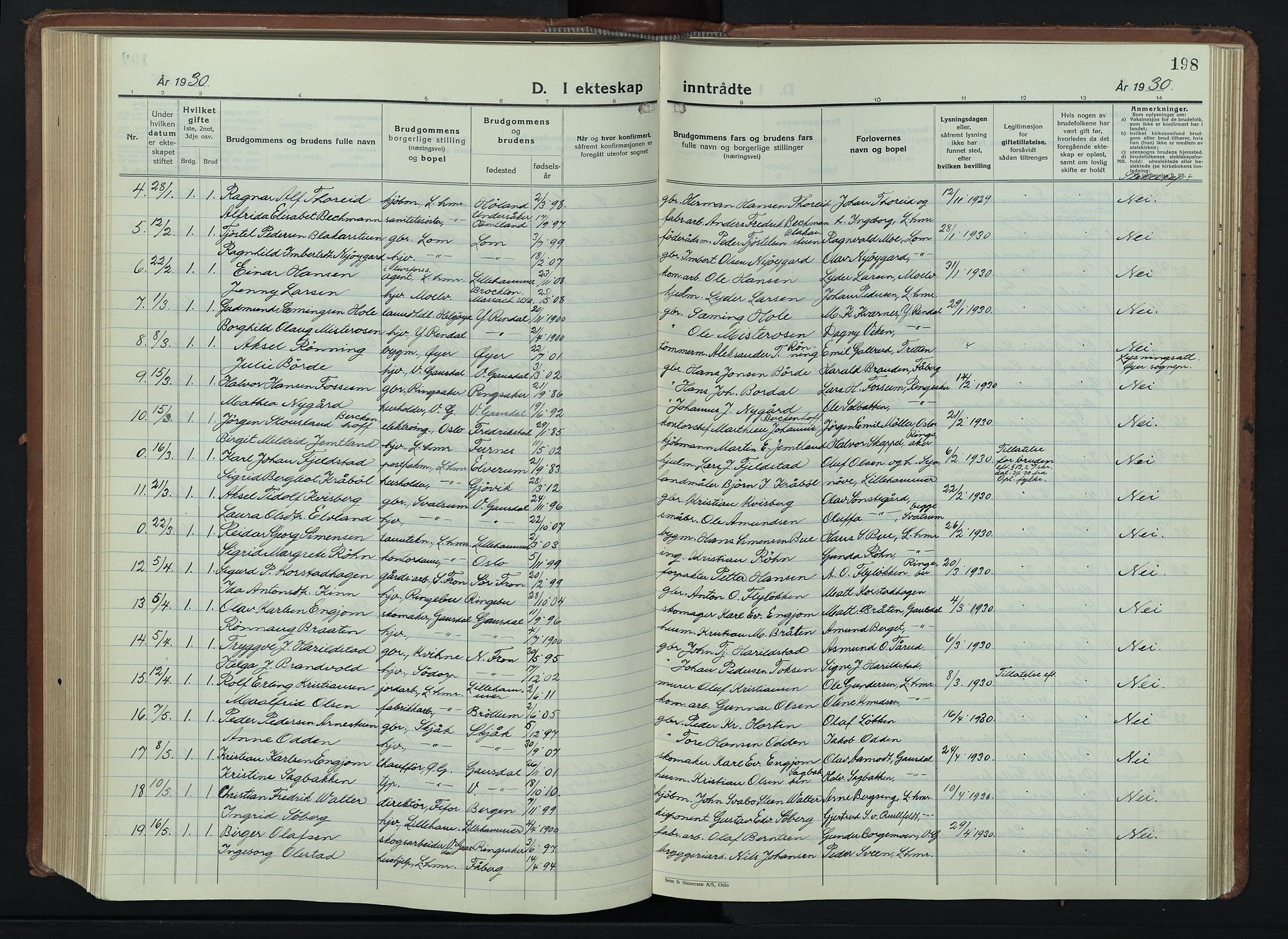 Lillehammer prestekontor, AV/SAH-PREST-088/H/Ha/Hab/L0003: Klokkerbok nr. 3, 1927-1943, s. 198