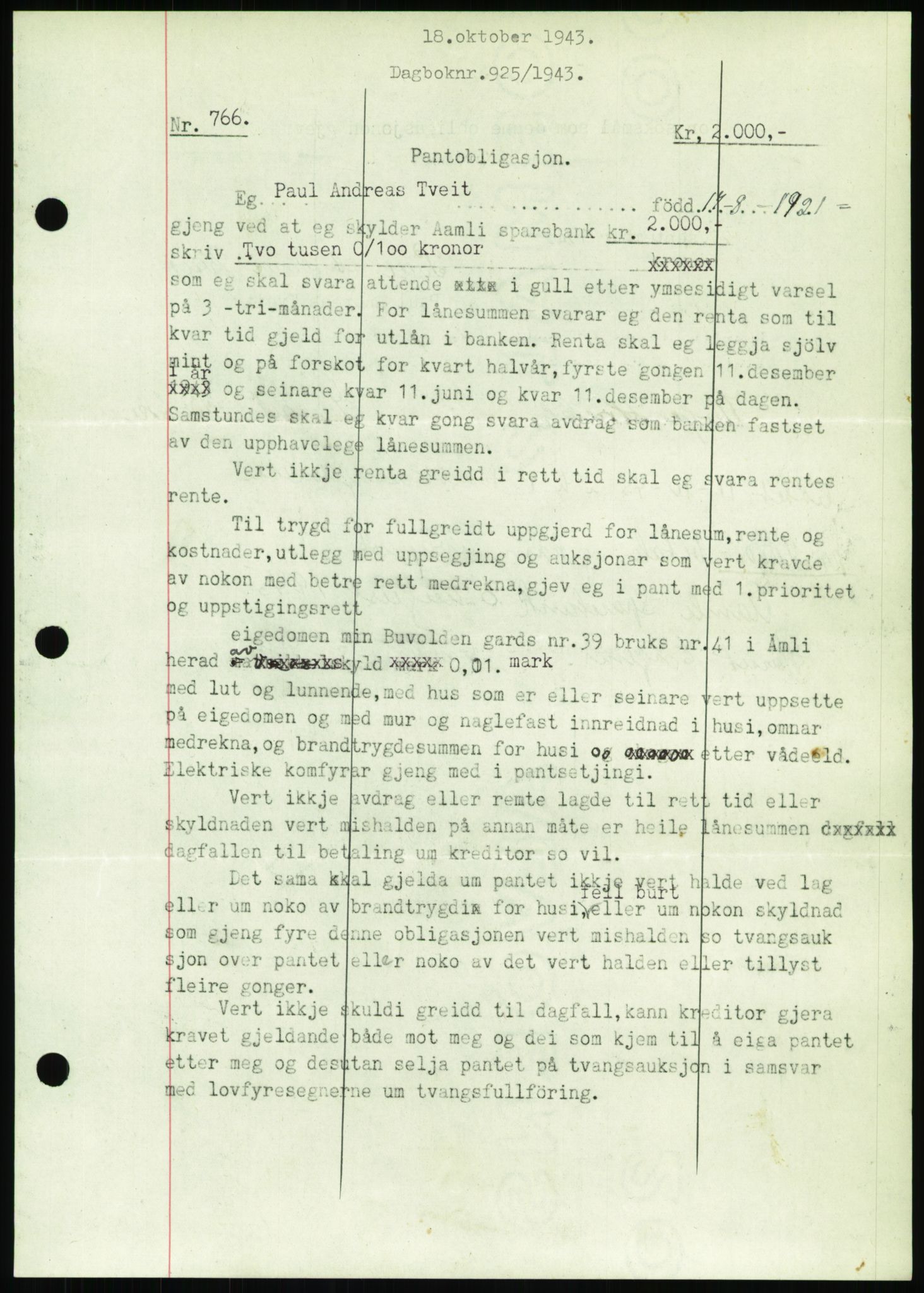 Nedenes sorenskriveri, SAK/1221-0006/G/Gb/Gbb/L0002: Pantebok nr. II, 1942-1945, Dagboknr: 925/1943