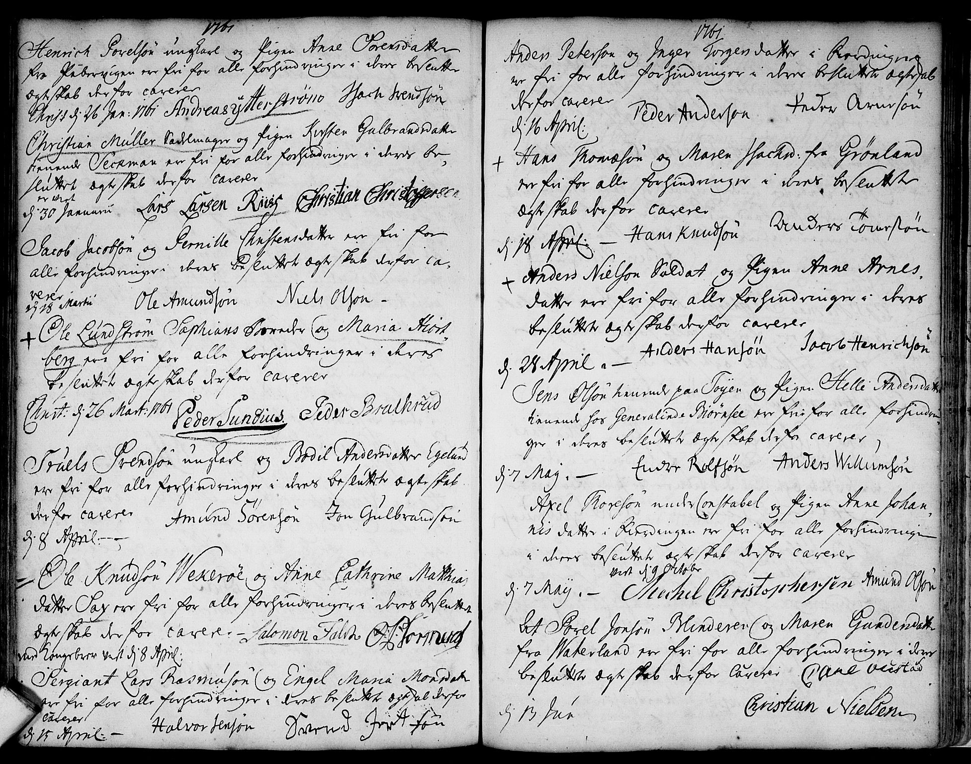 Aker prestekontor kirkebøker, AV/SAO-A-10861/L/L0002: Forlovererklæringer nr. 2, 1734-1773