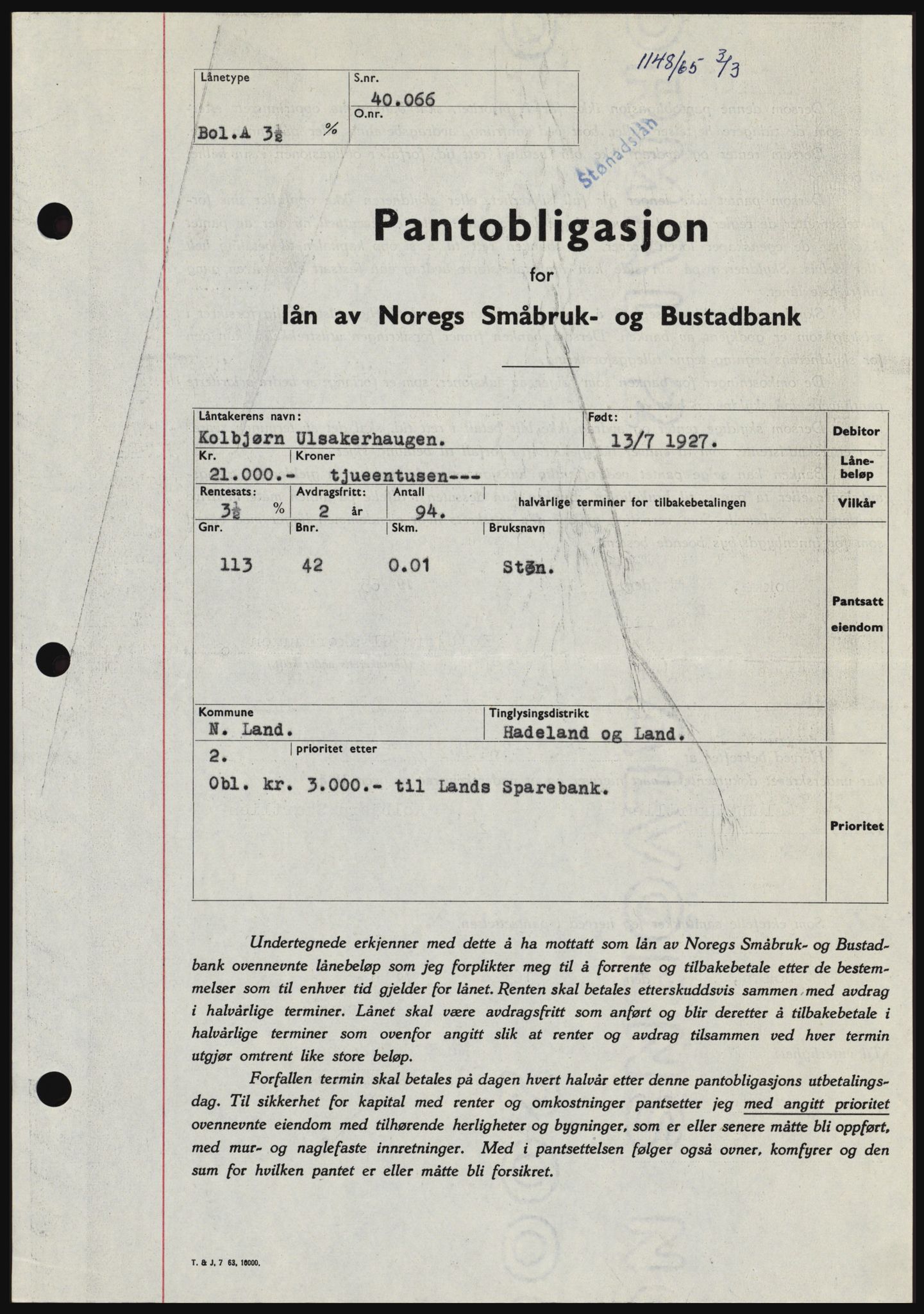 Hadeland og Land tingrett, SAH/TING-010/H/Hb/Hbc/L0058: Pantebok nr. B58, 1965-1965, Dagboknr: 1148/1965